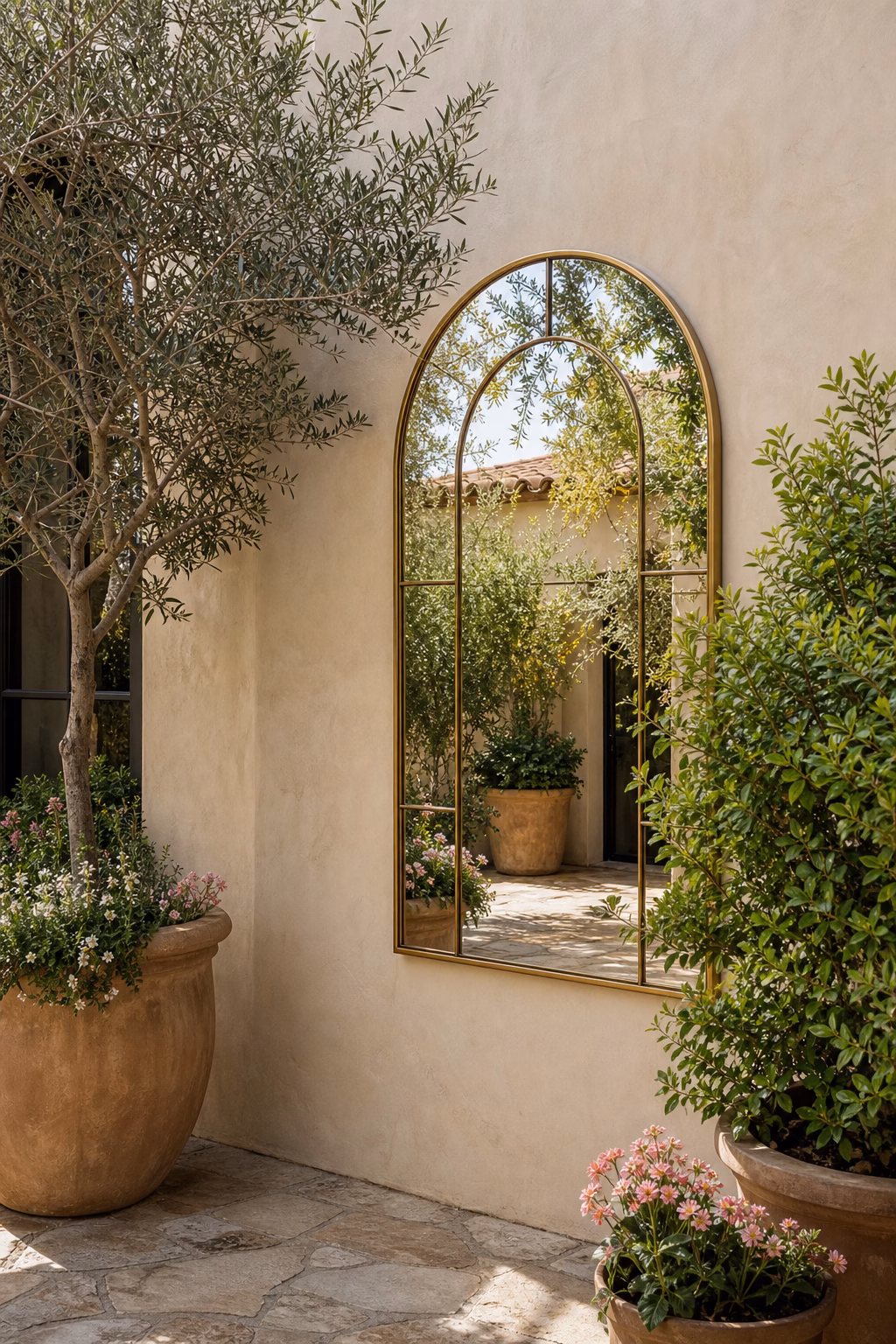 Outdoor arched gold mirror making a courtyard wall feel like a window