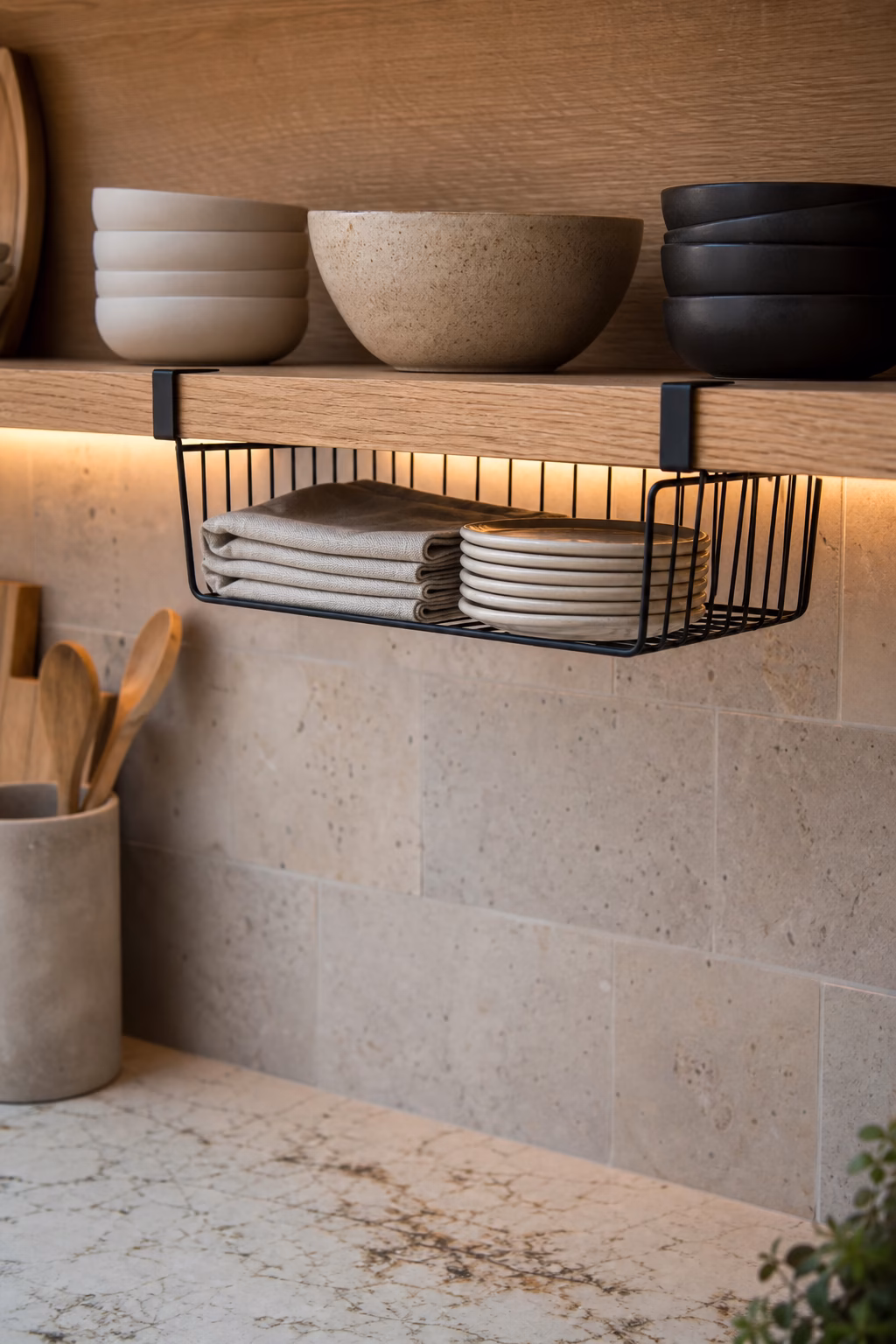 Black under shelf kitchen basket holding napkins and small plates