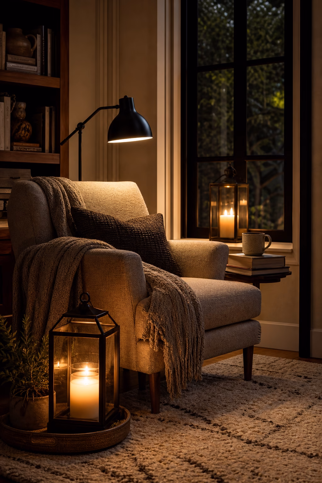 Low candle lantern adding atmosphere to a refined reading nook