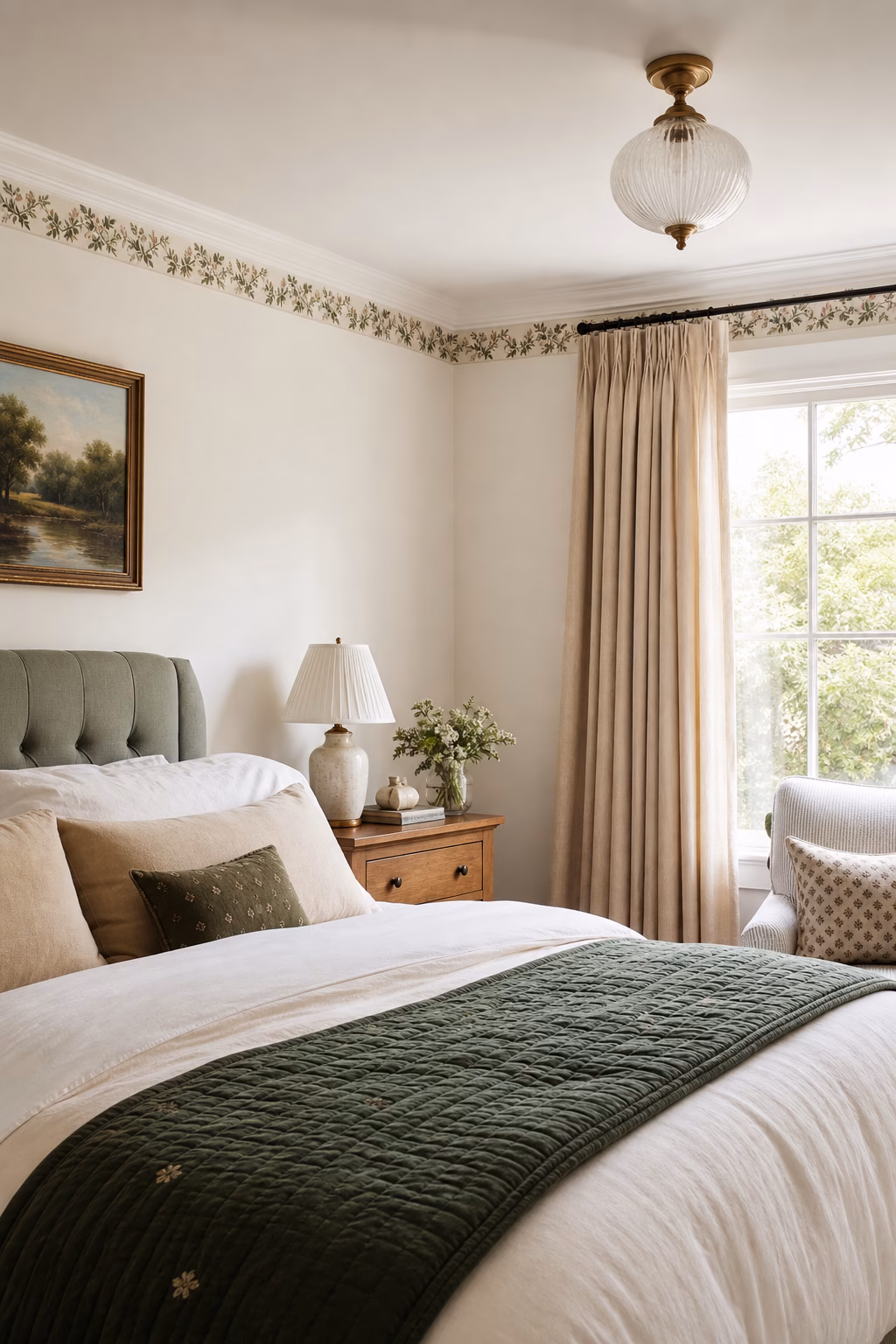 Subtle ceiling-line border decals adding character to a bedroom