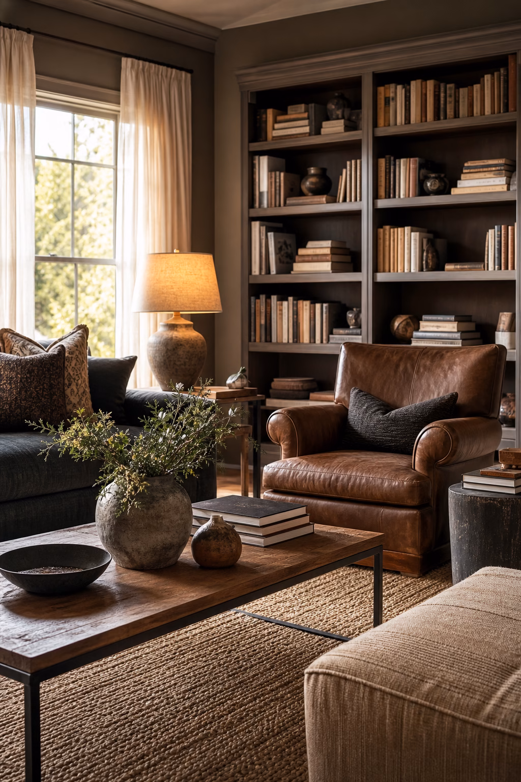 Cozy living room using books on shelves, table, and reading chair as warm lived-in decor.