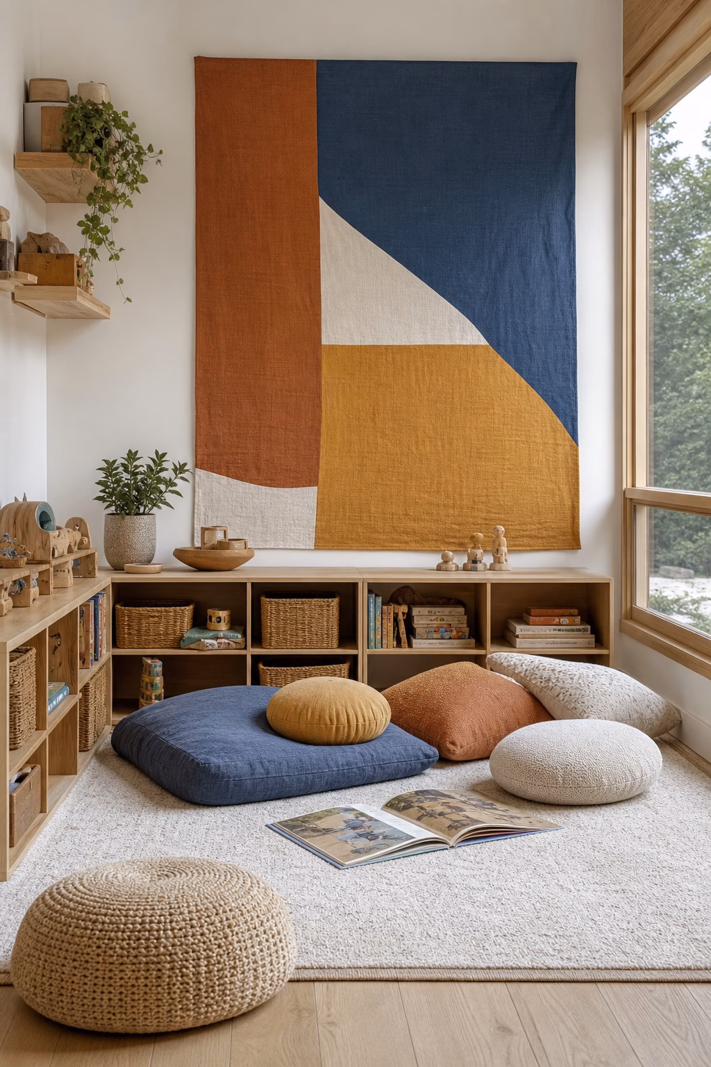 Muted color-blocked tapestry defining a reading zone in an organized playroom.