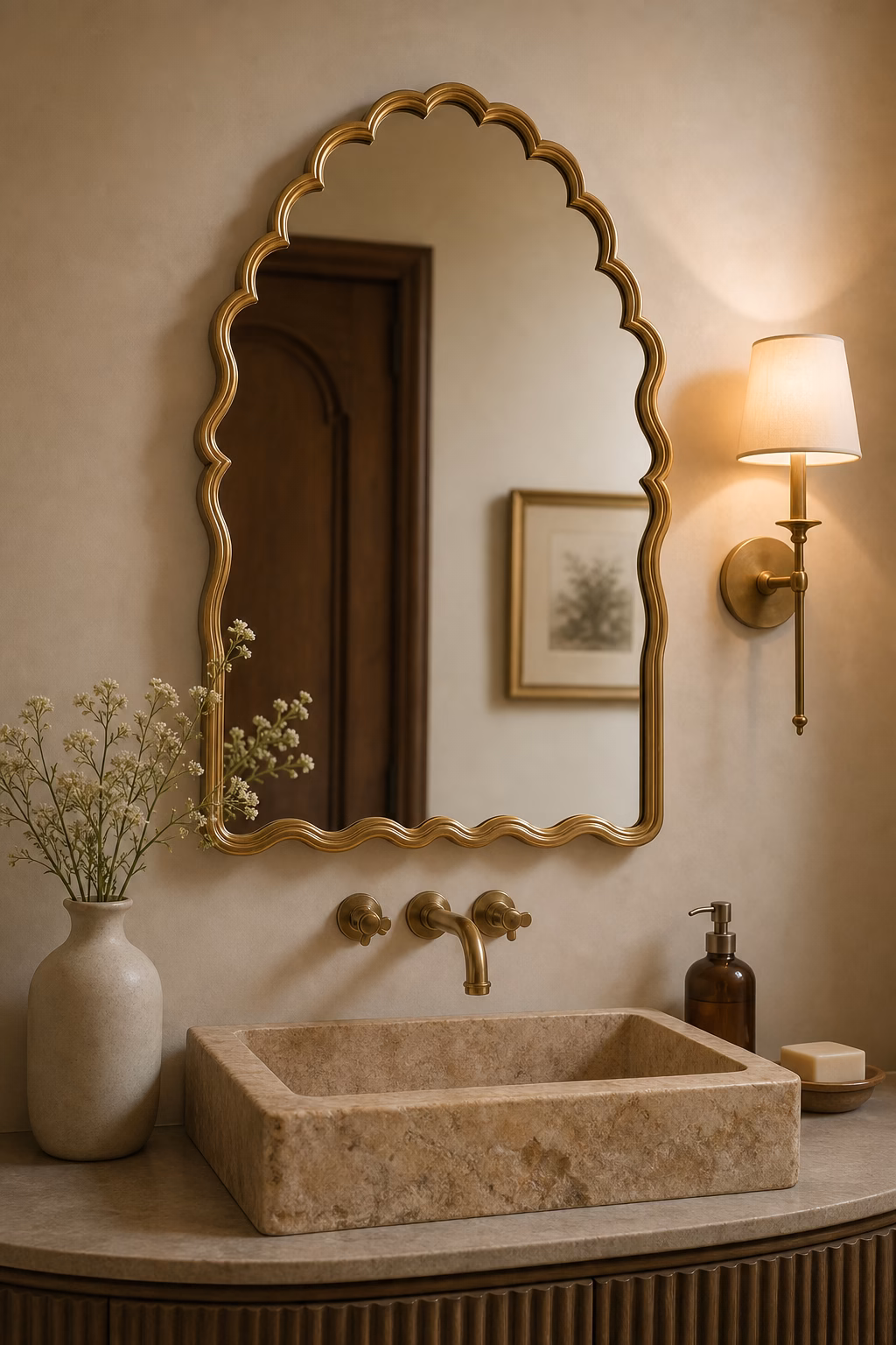 Scalloped arched gold mirror adding playful elegance to a powder room