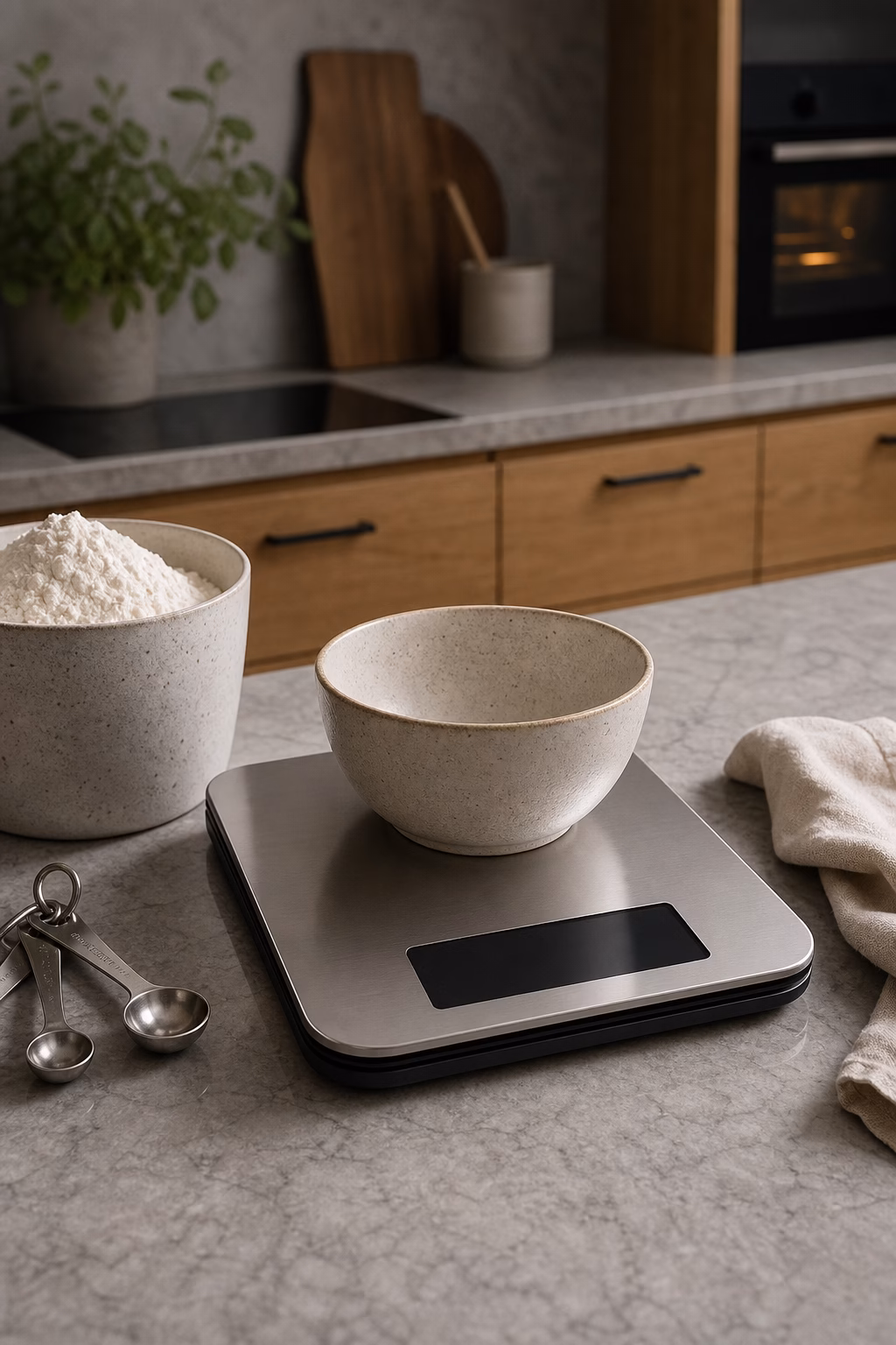 Slim stainless digital kitchen scale with ceramic bowl on a stone island