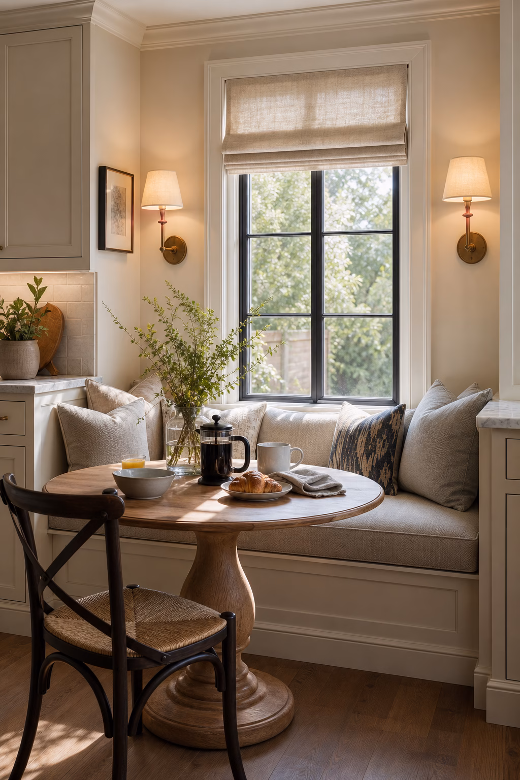 Breakfast nook with layered lighting from sconces and window light.