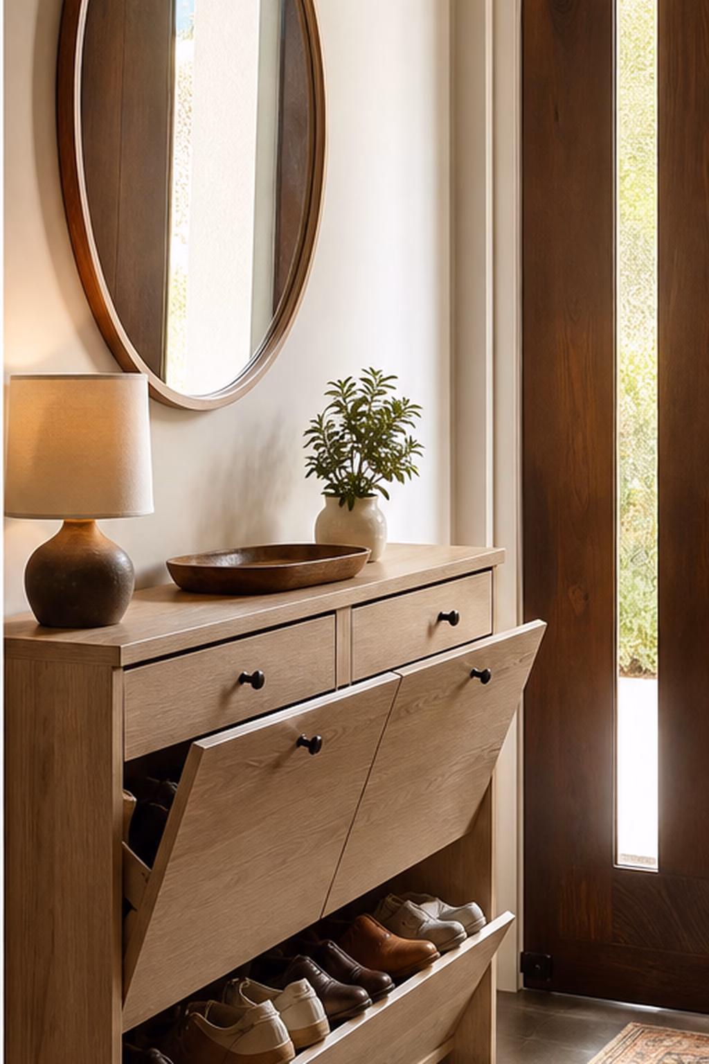 Round mirror above a slim shoe cabinet in a small entry