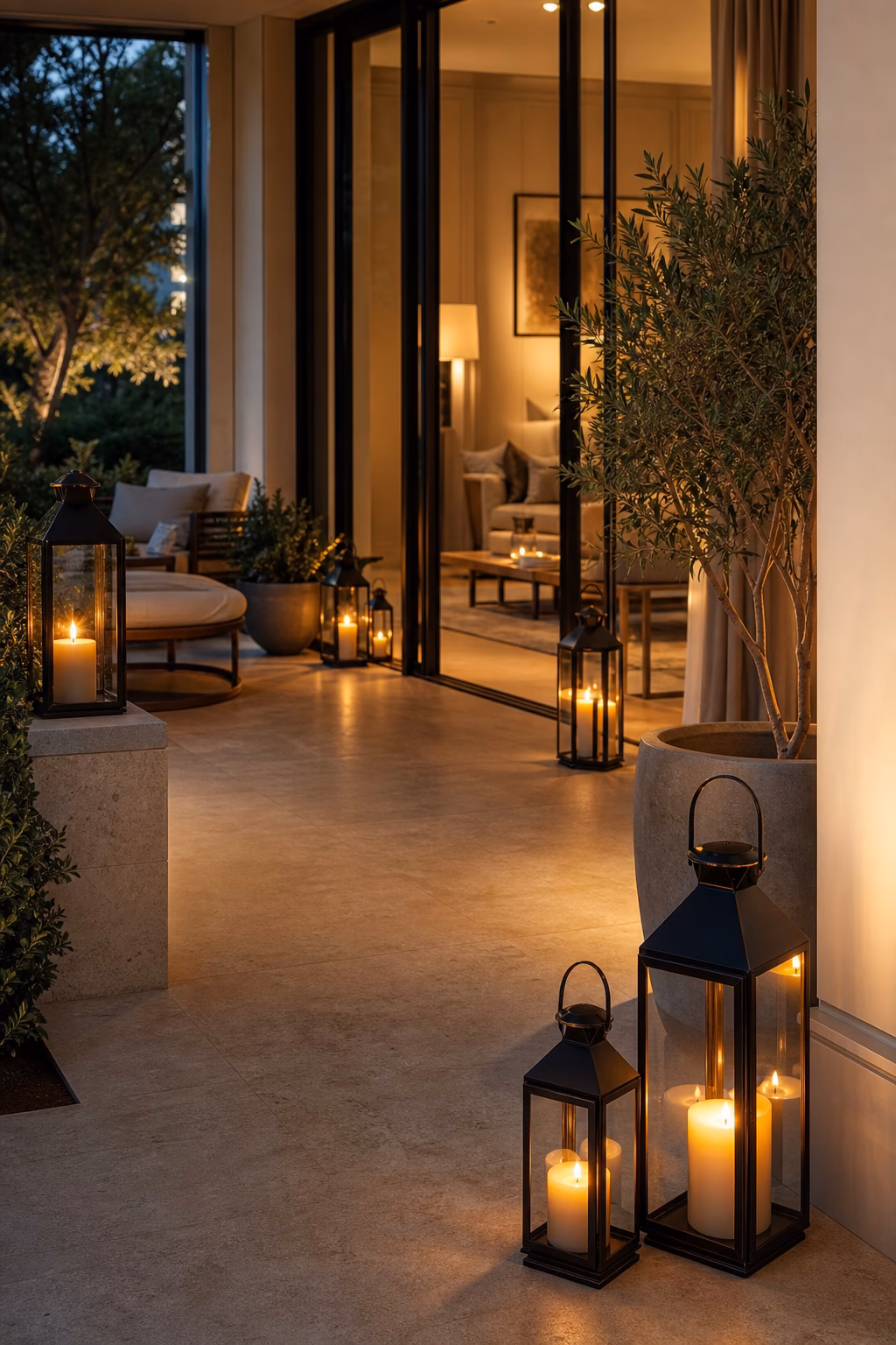 Safely placed candle lanterns glowing in an elegant evening home