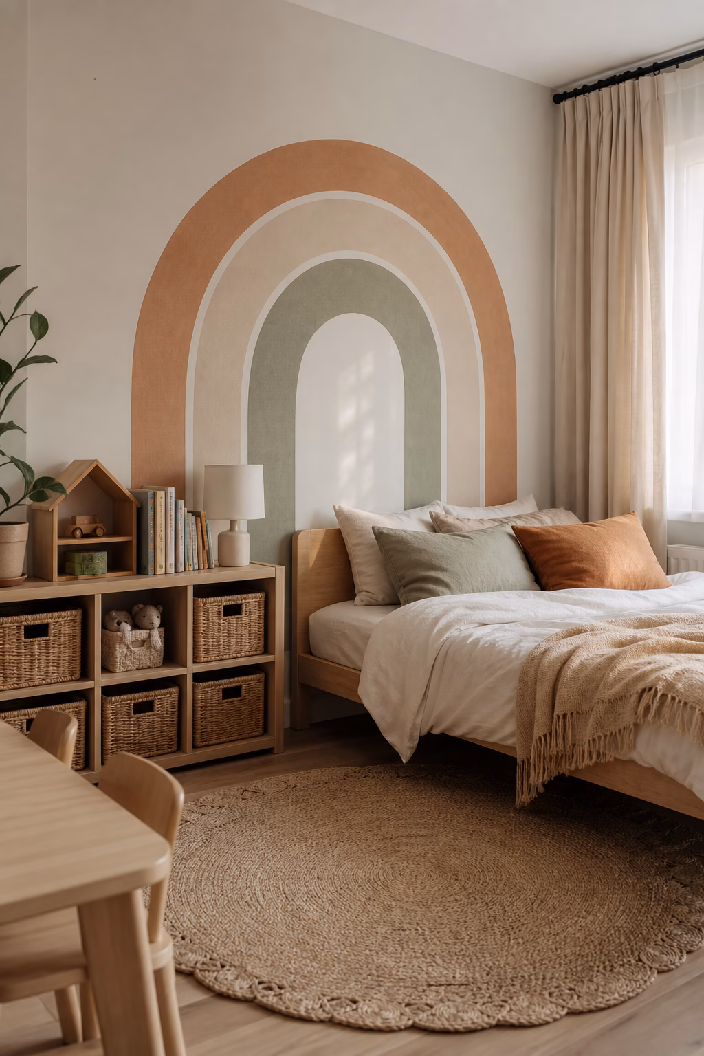 Muted earthy rainbow decal in a stylish child's bedroom