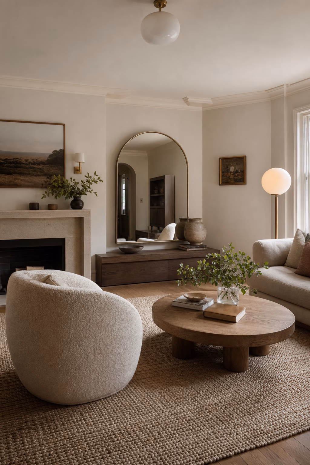 Cozy living room softened with round coffee table, curved chair, arched mirror, and globe lamp.