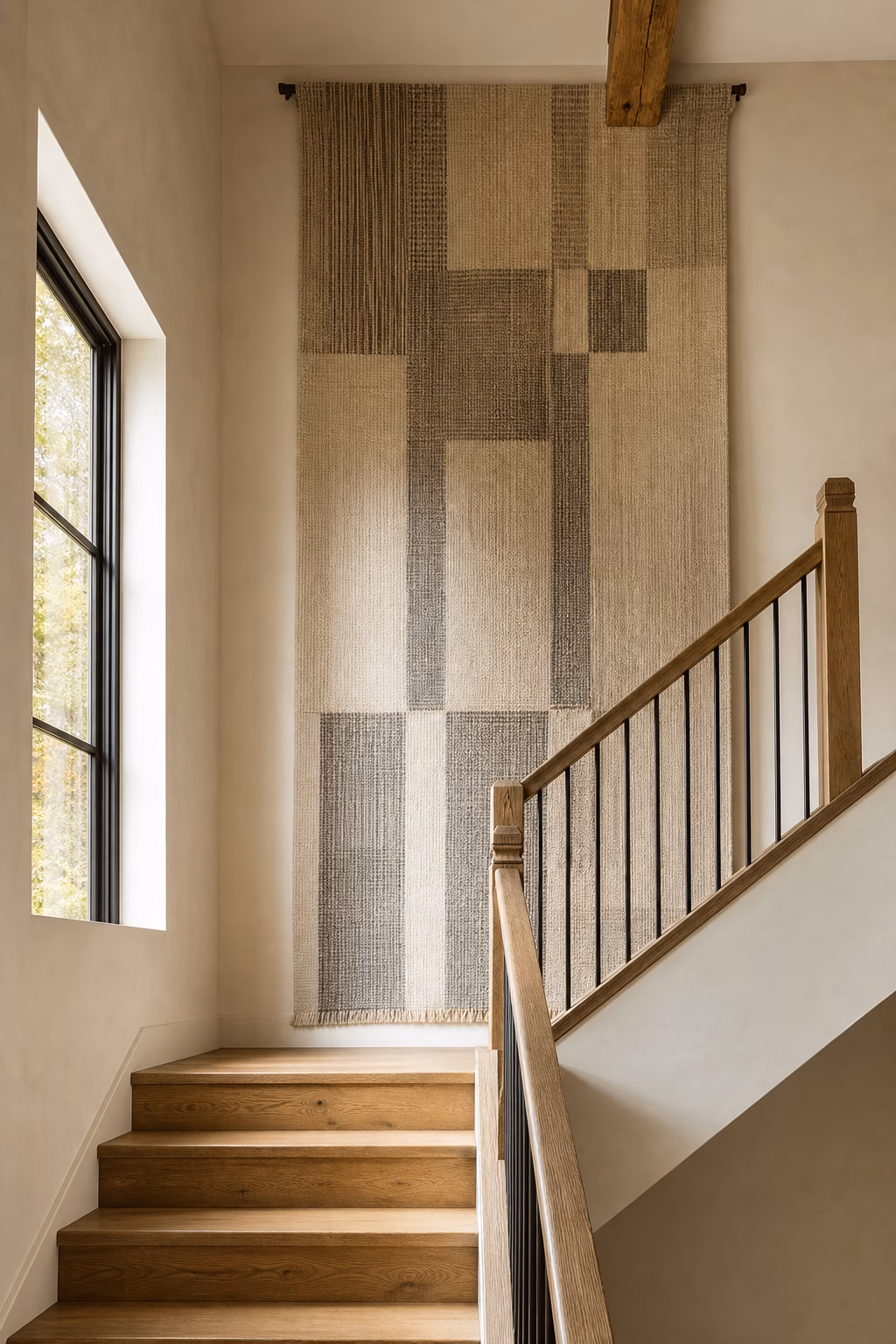 Oversized woven tapestry finishing a large stair landing wall.