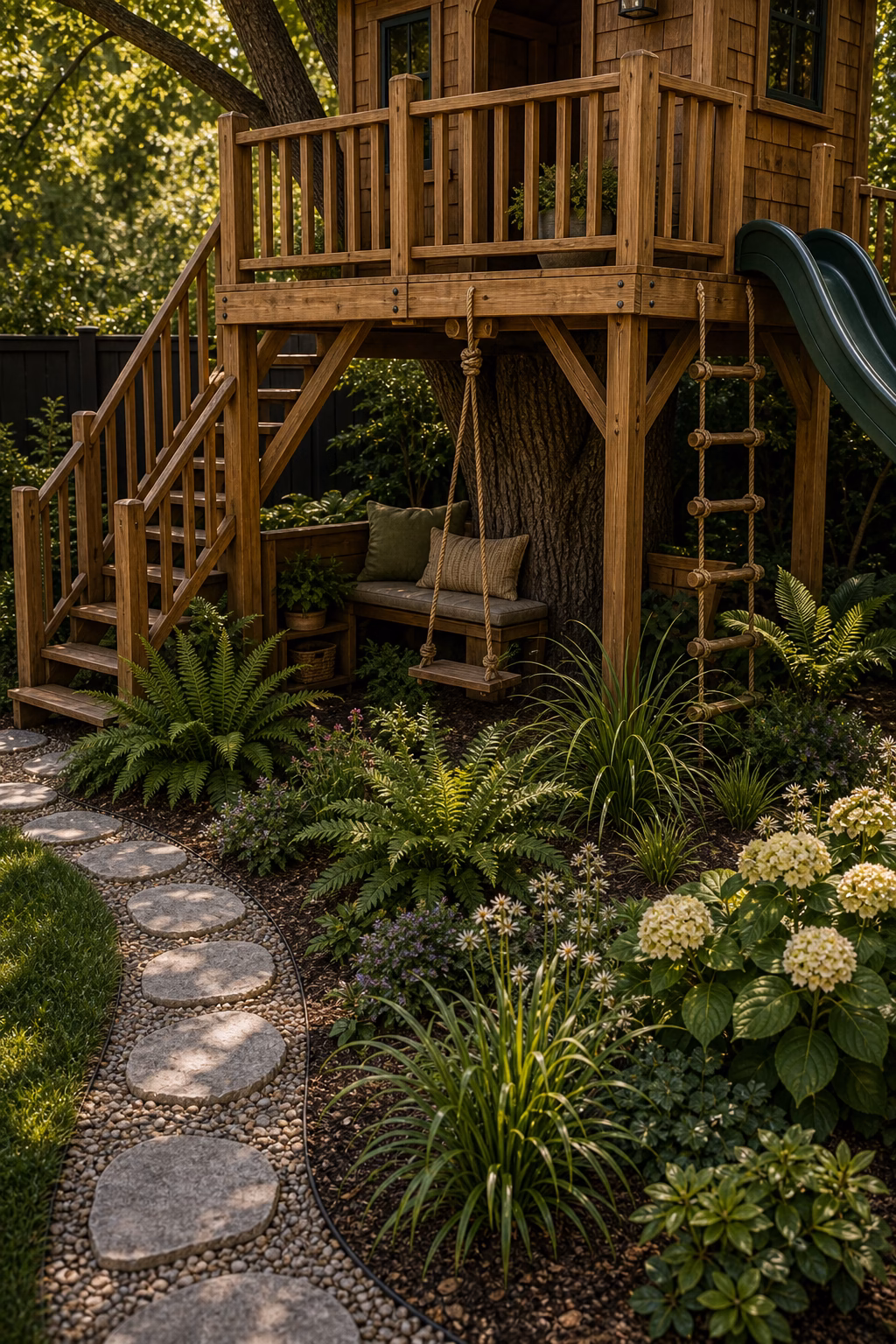 finish with landscape planting around the base shown in a polished treehouse with realistic materials and natural light.