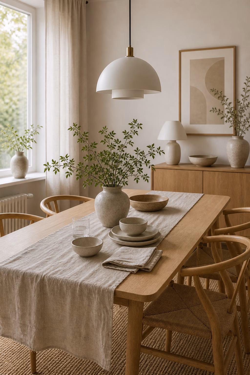 choose table linens in washed neutrals shown in a polished Scandinavian dining room with realistic materials and natural light.