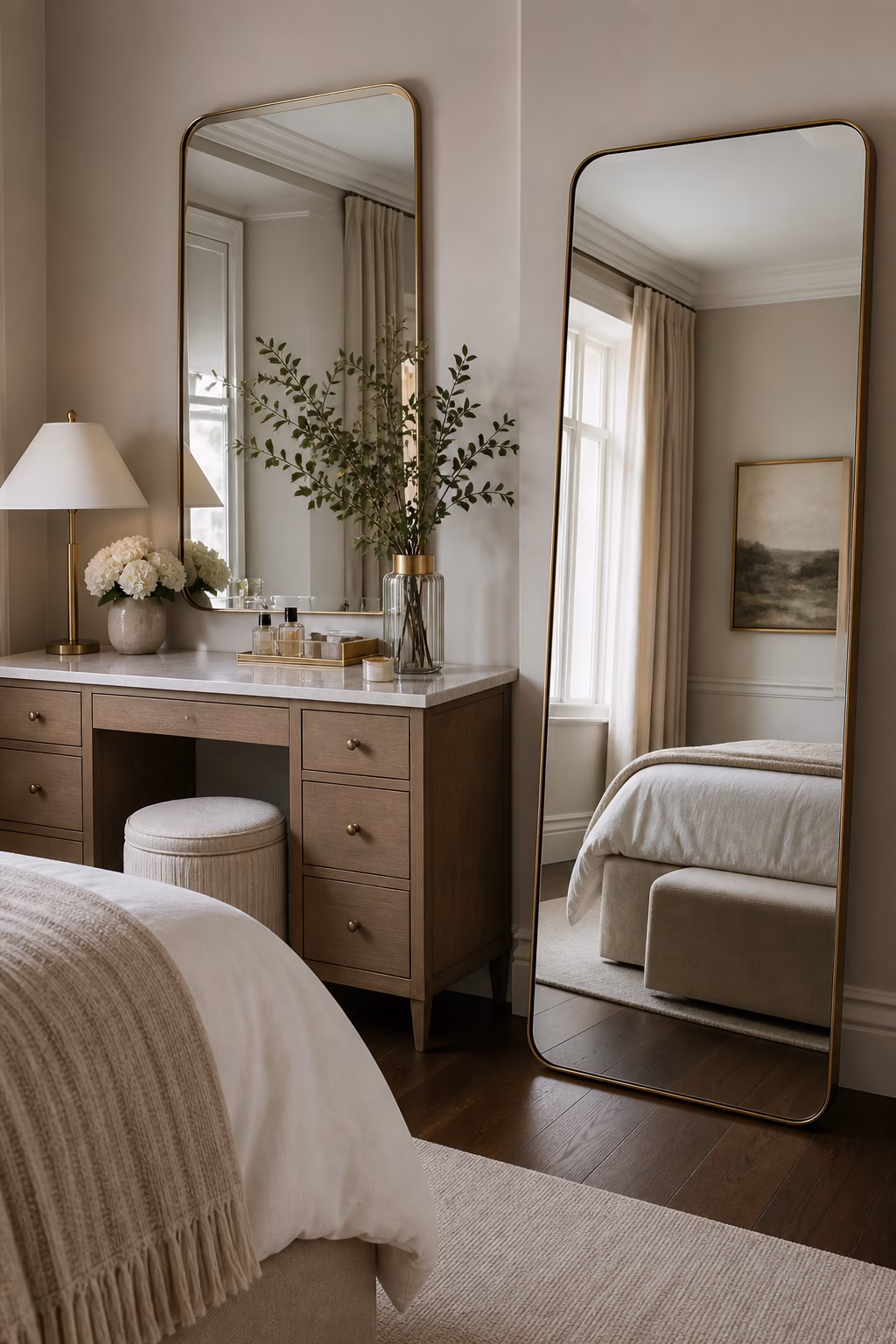 Dressing table paired with a full-length mirror in an elegant bedroom.