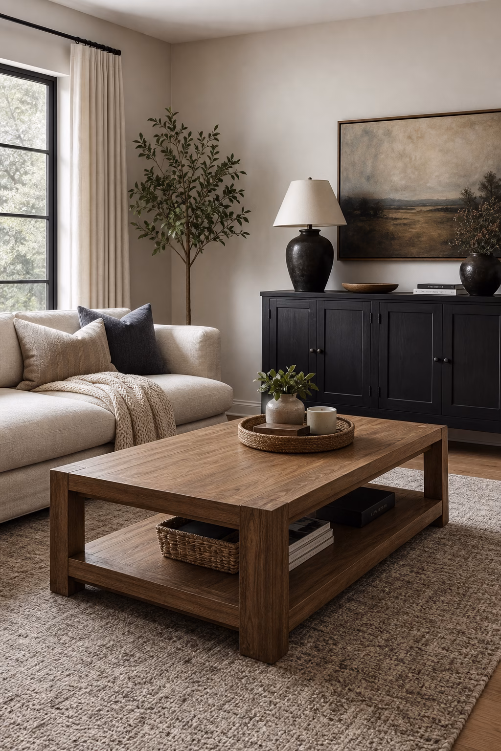 Cozy living room with one clear coffee table surface, simple tray, and practical storage.