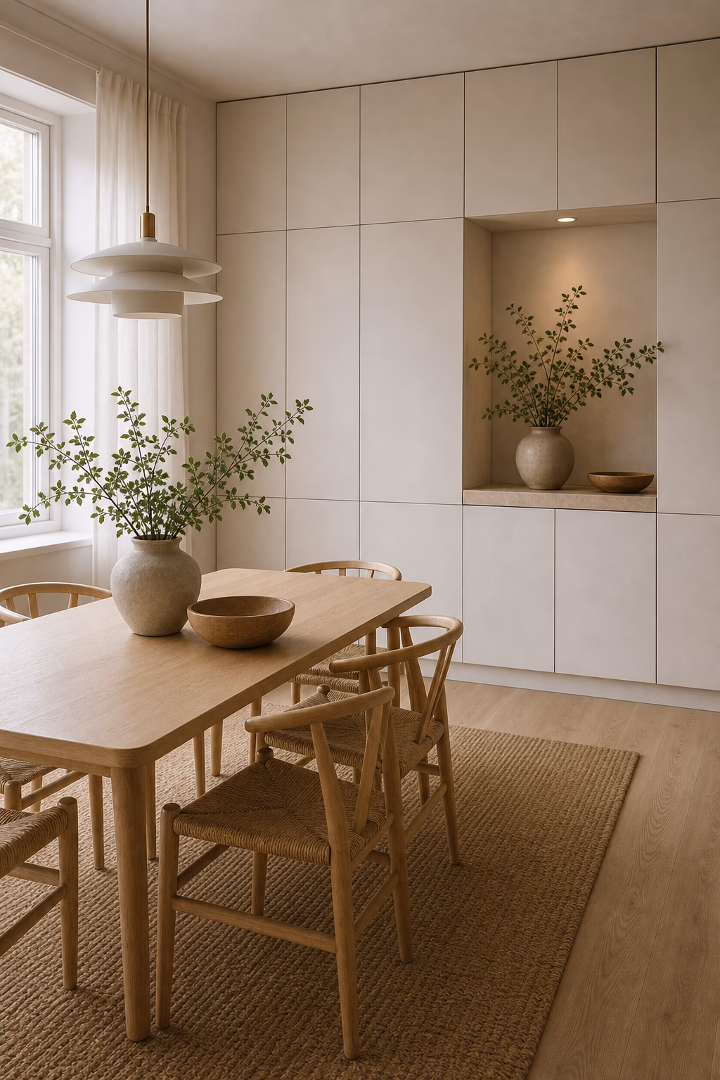 add storage that disappears shown in a polished Scandinavian dining room with realistic materials and natural light.