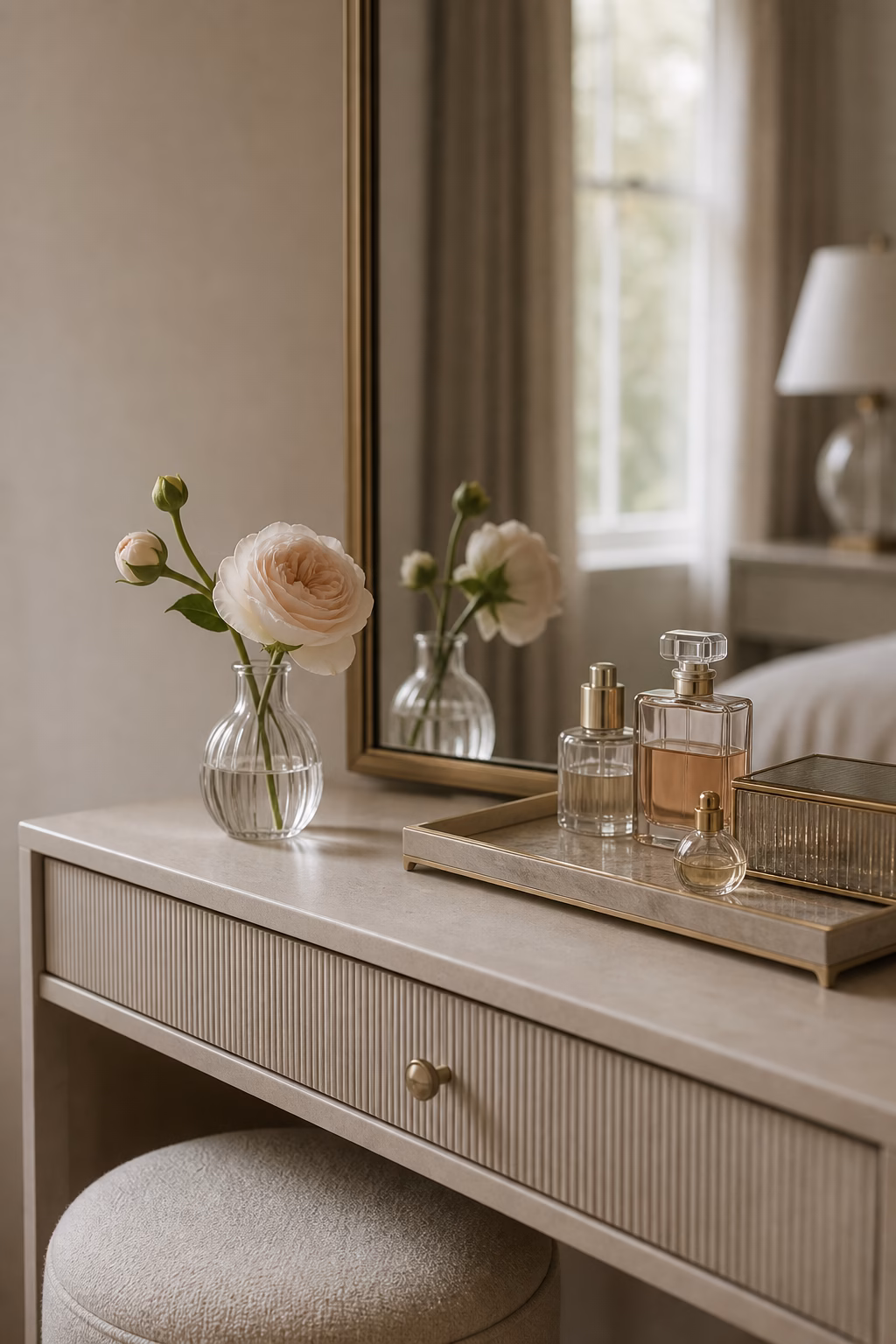 Small fresh flowers in a bud vase on a luxury dressing table.