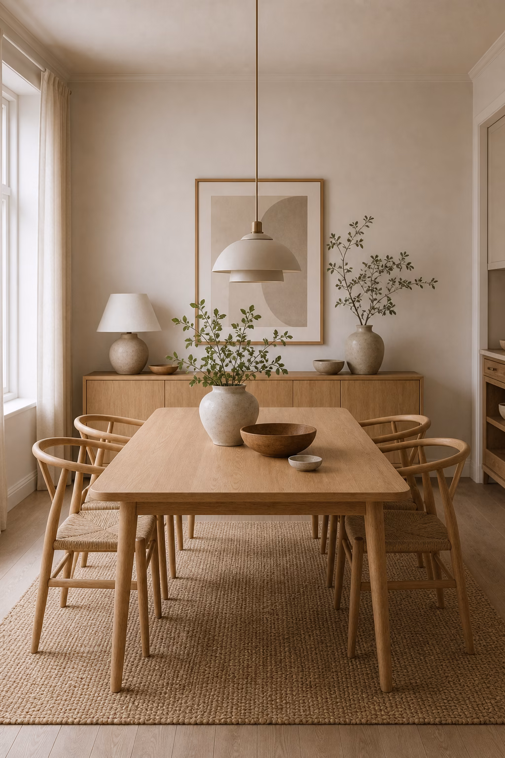 use symmetry without stiffness shown in a polished Scandinavian dining room with realistic materials and natural light.