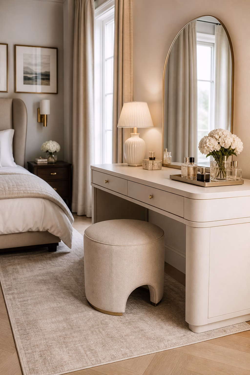 Soft area rug layered beneath an elegant bedroom dressing table.