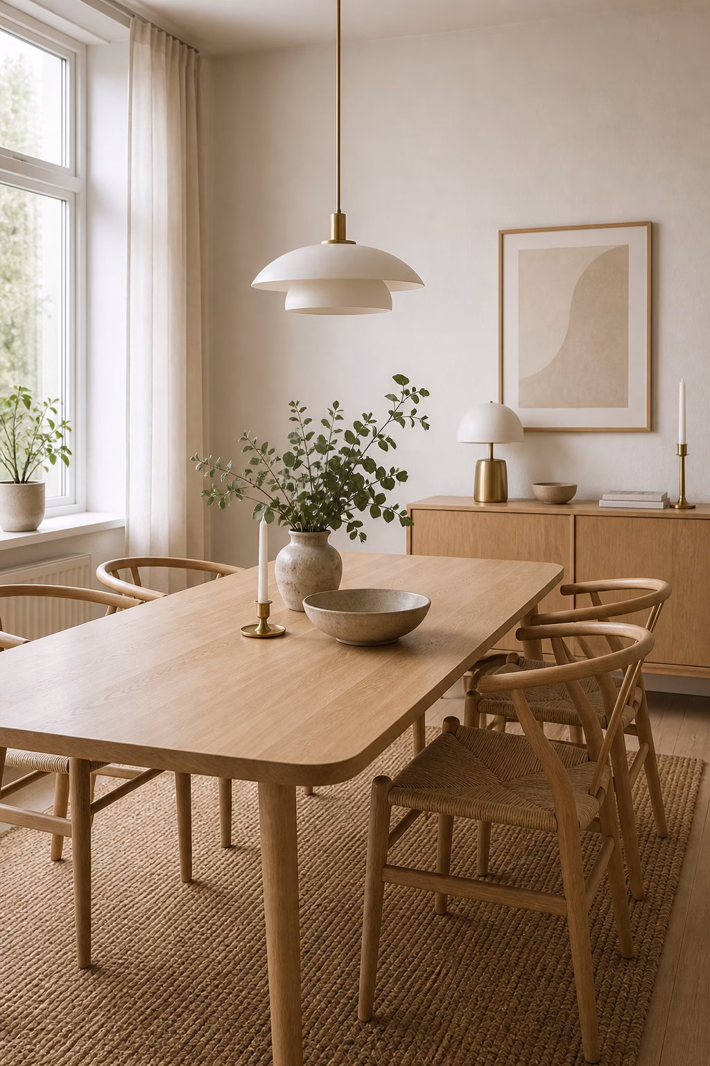 use warm metals very lightly shown in a polished Scandinavian dining room with realistic materials and natural light.