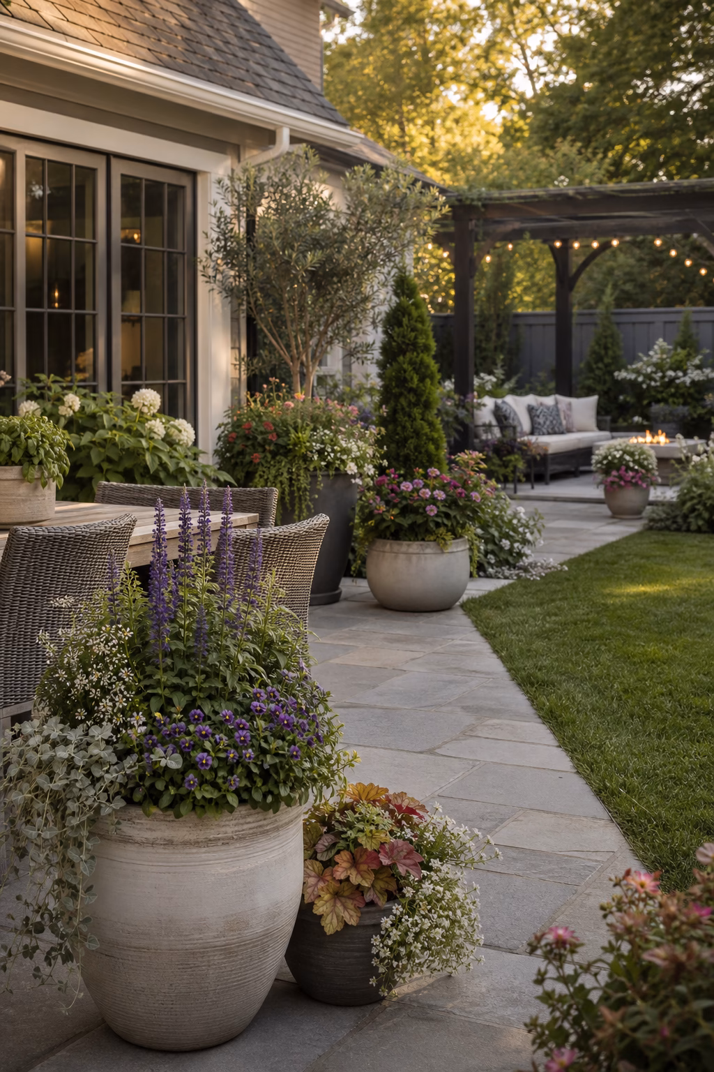 Large seasonal planters connecting patio, lawn, paths, and house architecture in a refined backyard.
