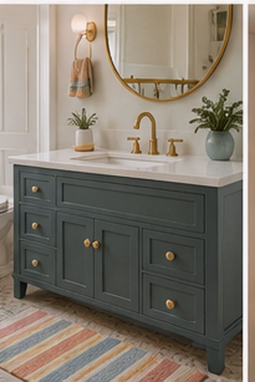 Bathroom remodel idea: add a laundry hamper cabinet in a realistic modern bathroom.
