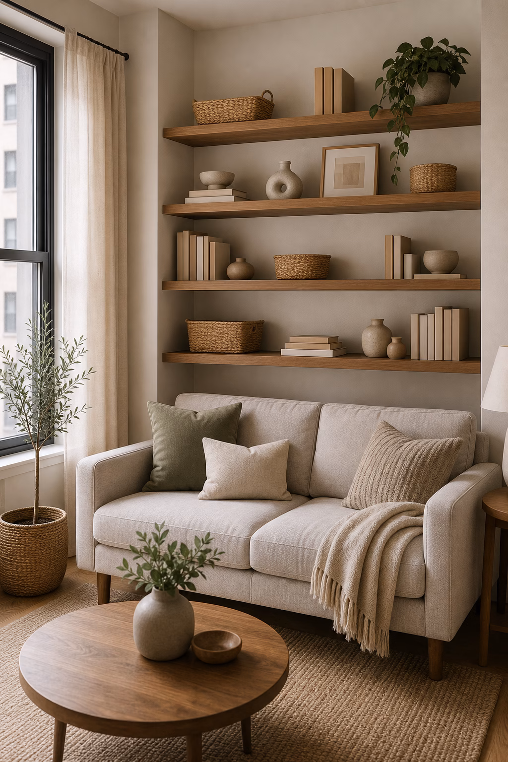Wall shelves adding vertical storage in a small apartment living room