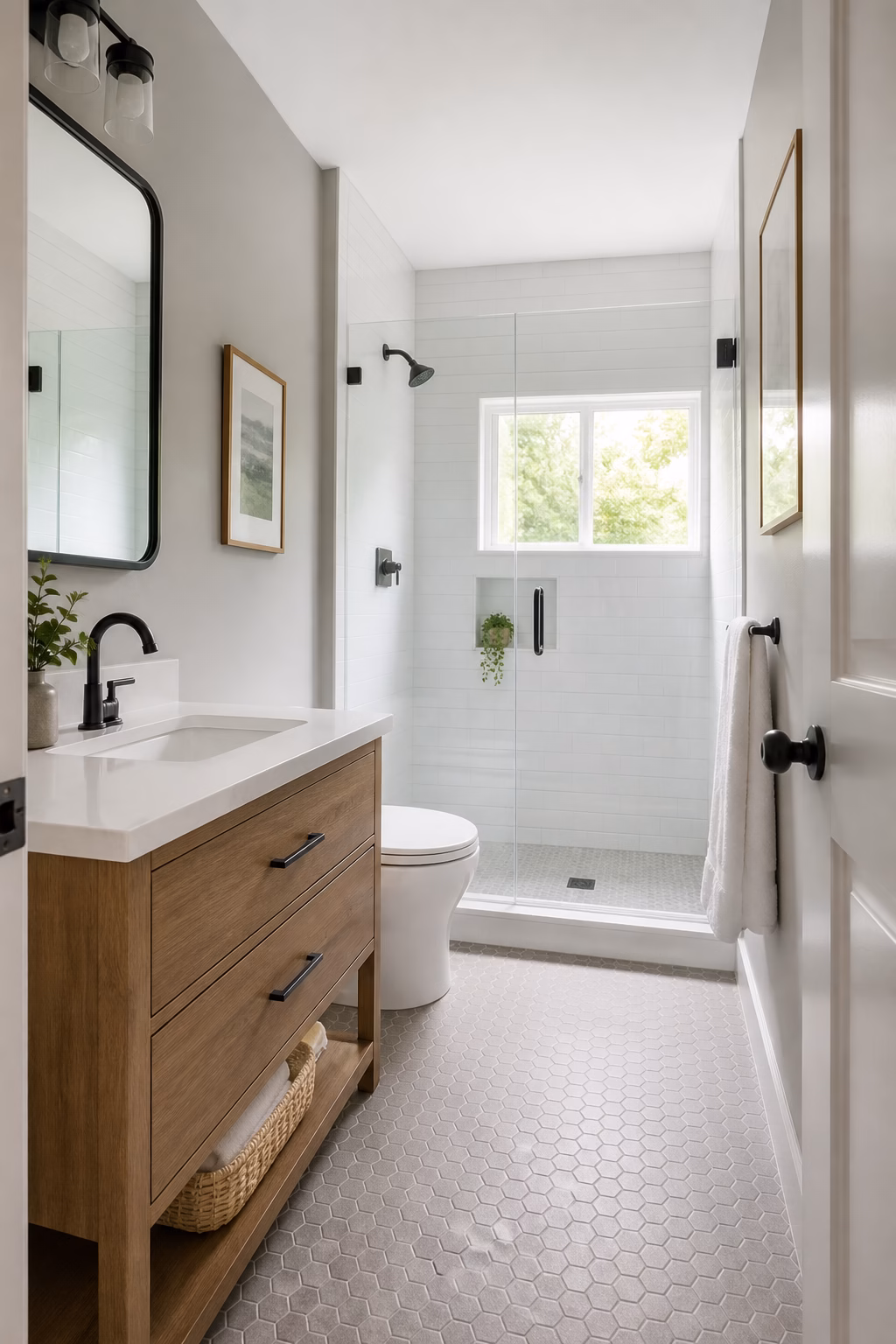 Compact bathroom with well-proportioned prefab vanity, drawer storage, white counter, and clear walking space