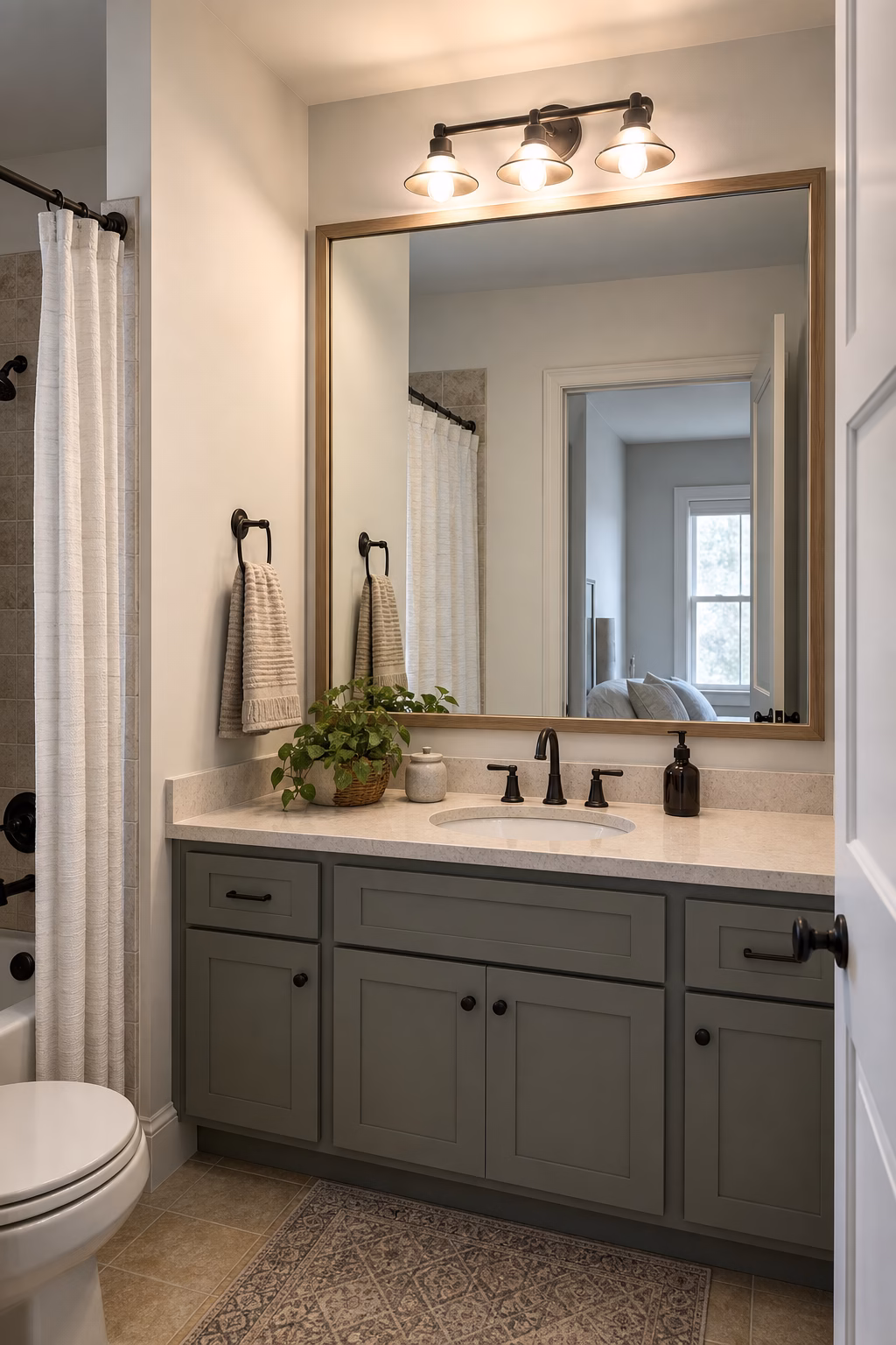 Small bathroom with builder mirror framed in slim wood, new vanity light, and painted cabinet