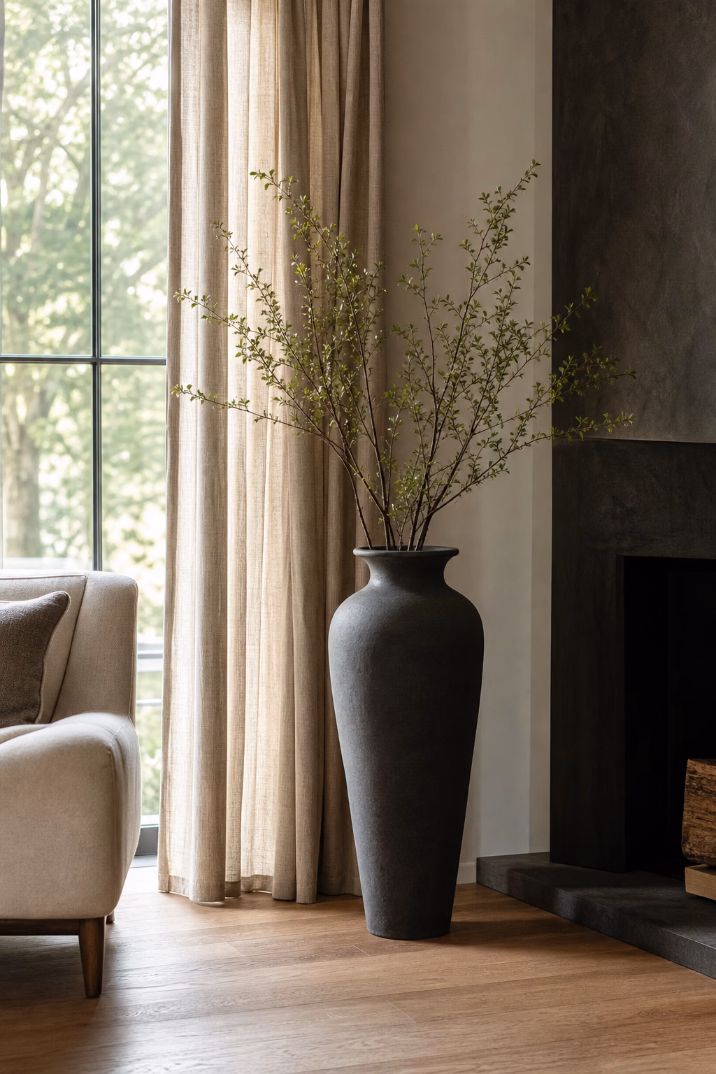 Tall ceramic floor vase with branches styling an empty living room corner