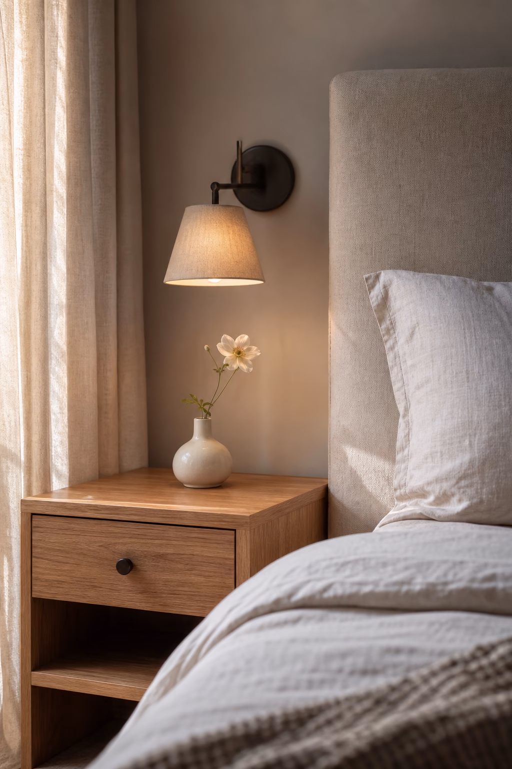 Small bedside vase holding one fresh flower in a serene bedroom