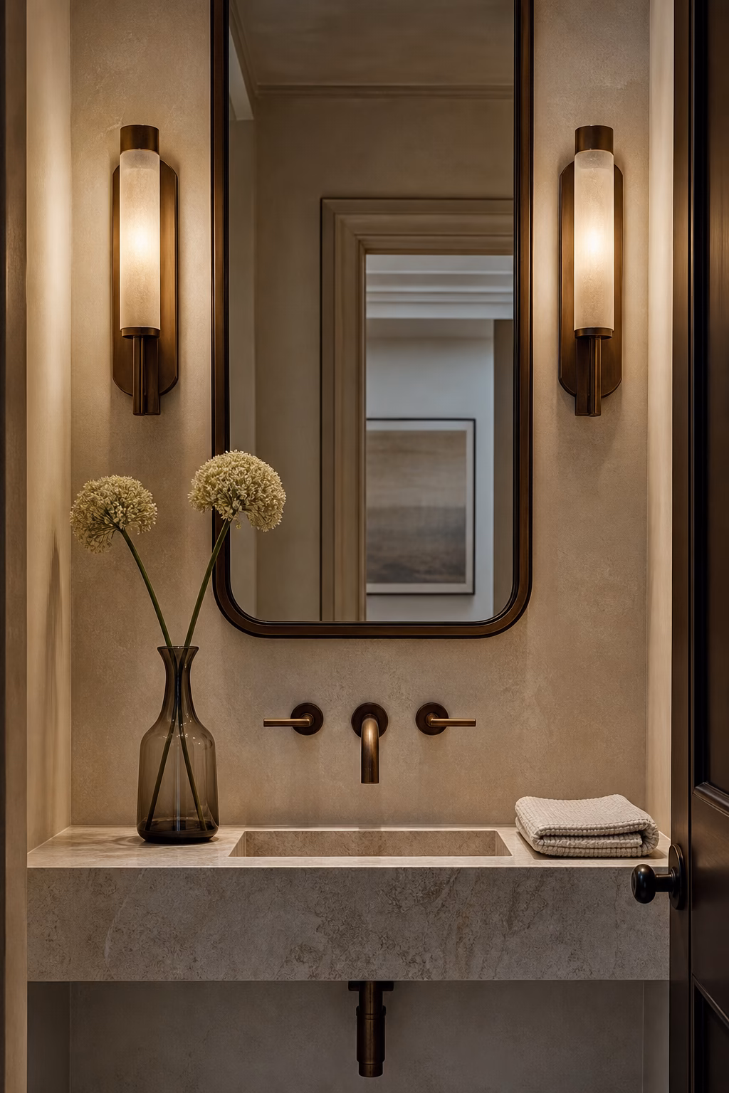 Narrow neck vase with stems on a powder room vanity