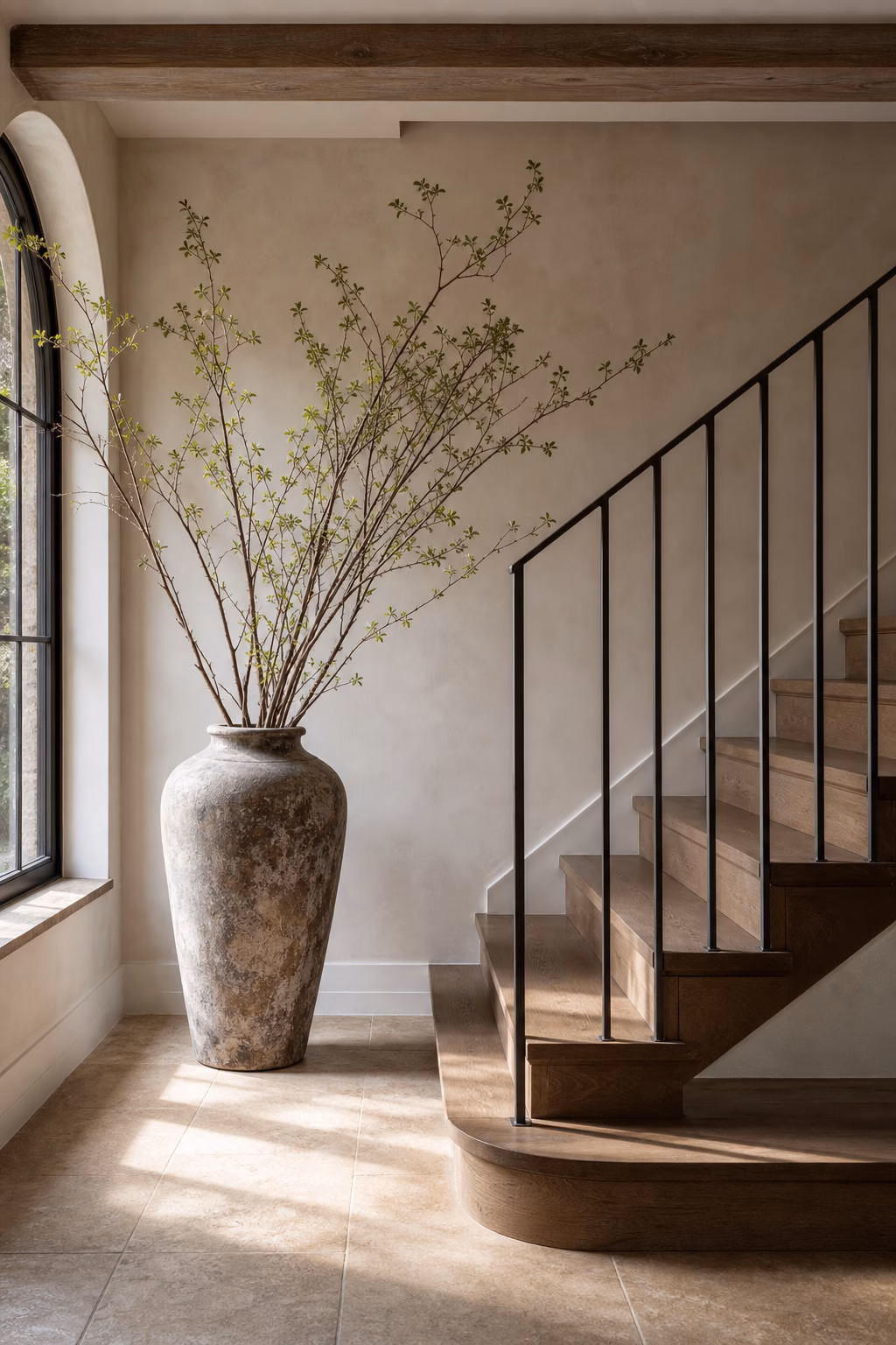 Oversized floor vase filling a living room corner with tall branches