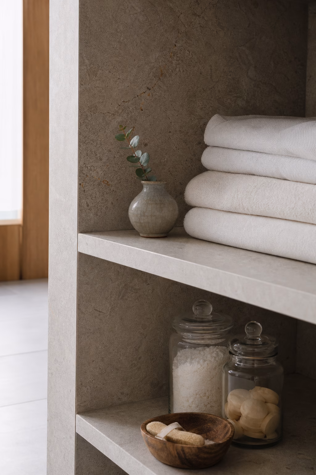 Tiny ceramic vase with eucalyptus on a bathroom shelf