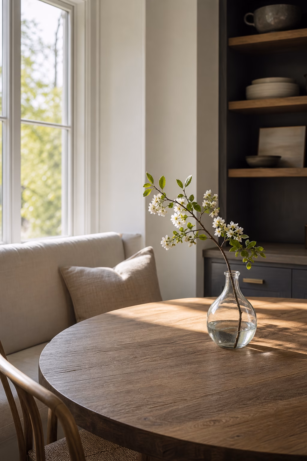 Narrow vases with fresh stems on a sunny kitchen window sill