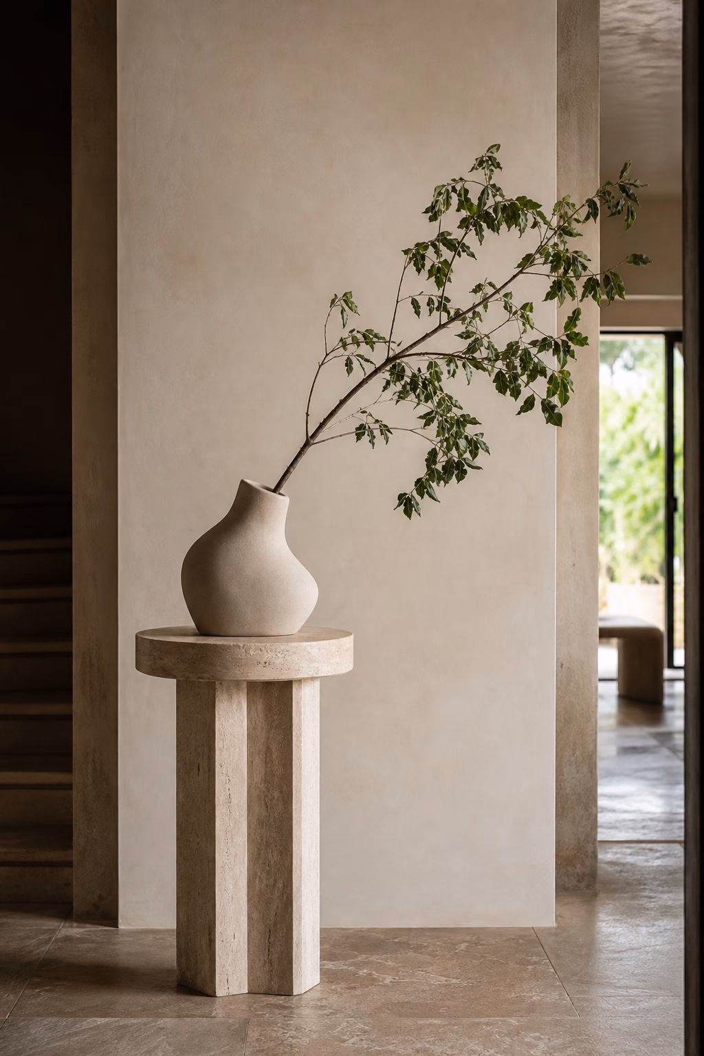 Asymmetrical ceramic vase creating modern drama on a pedestal table