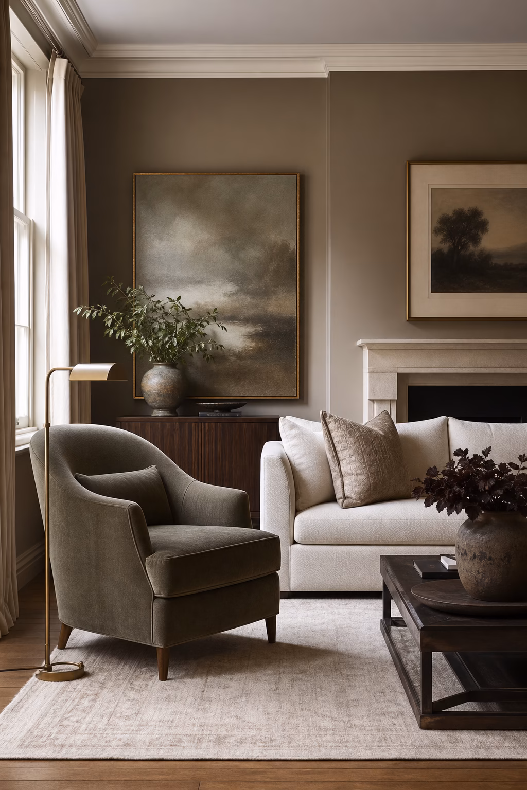 Sophisticated sitting room using quiet taupe and olive color instead of stark neutrals
