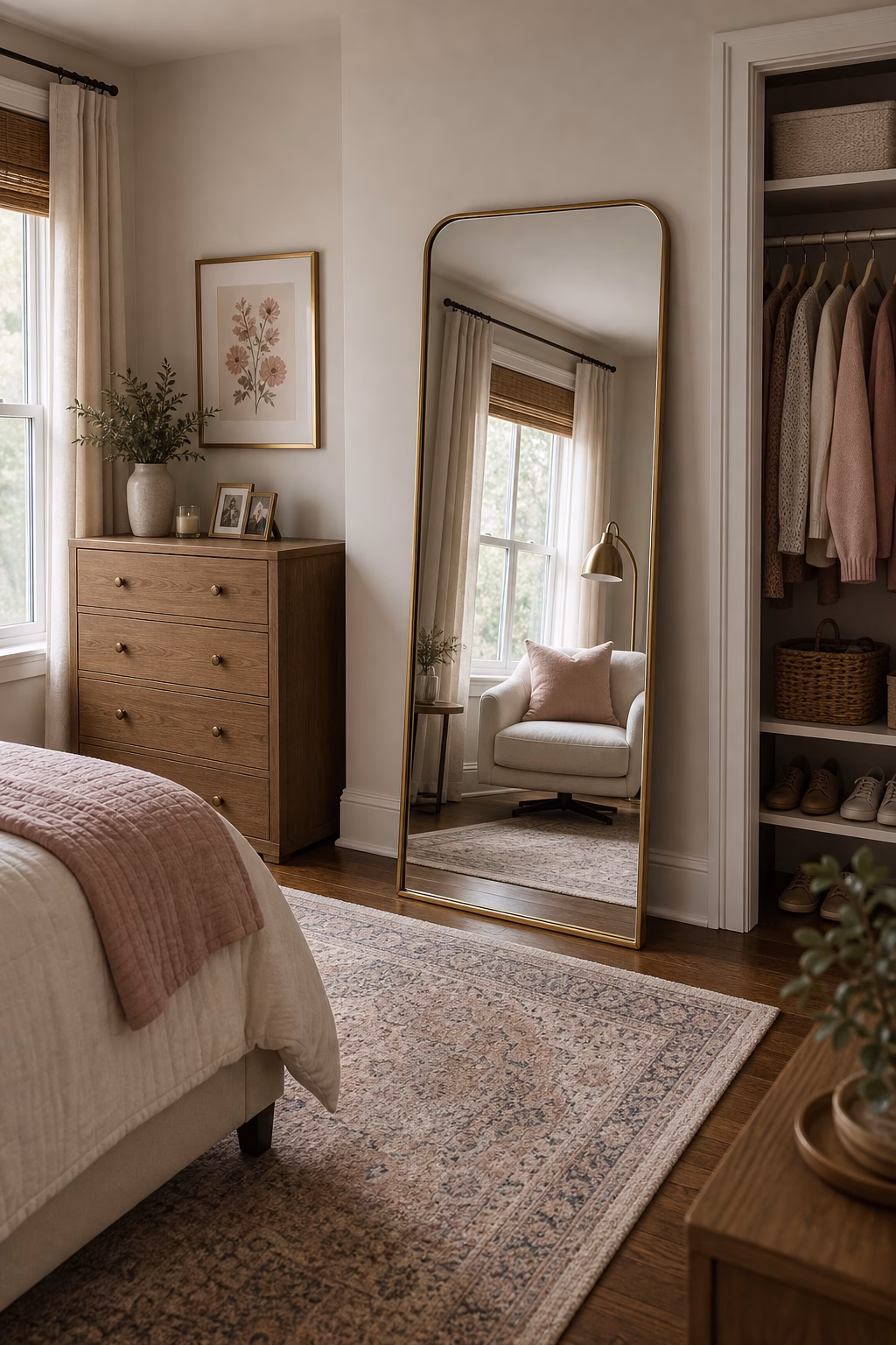 Full-length mirror reflecting light in a teenage girl bedroom