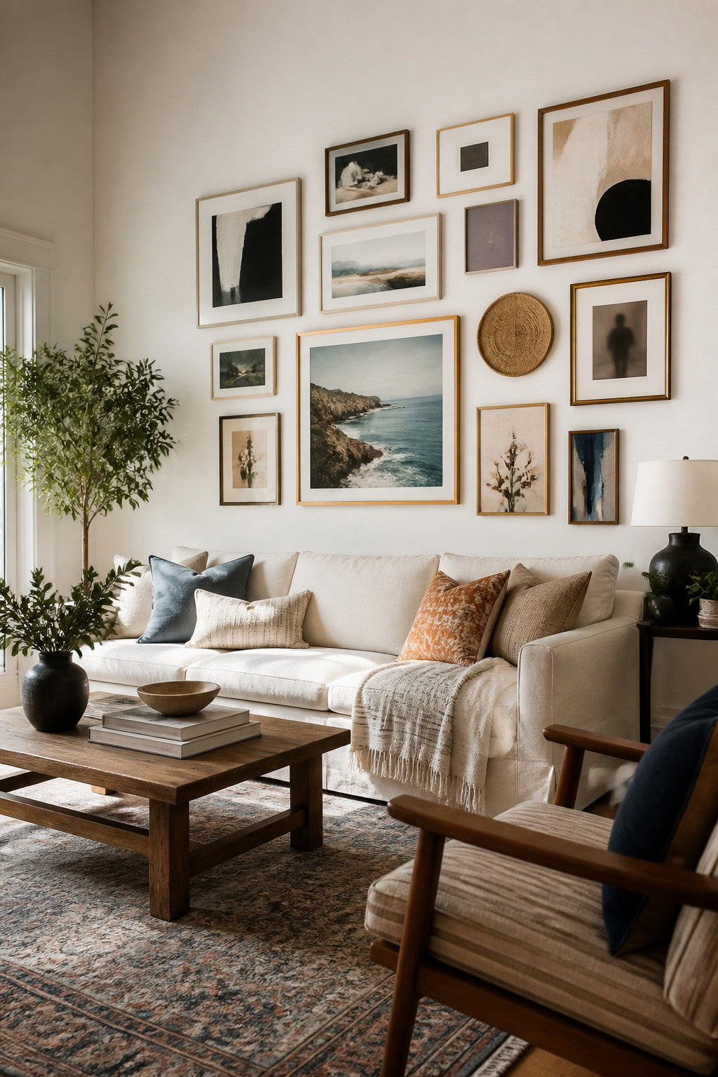 Curated gallery wall in a spacious living room
