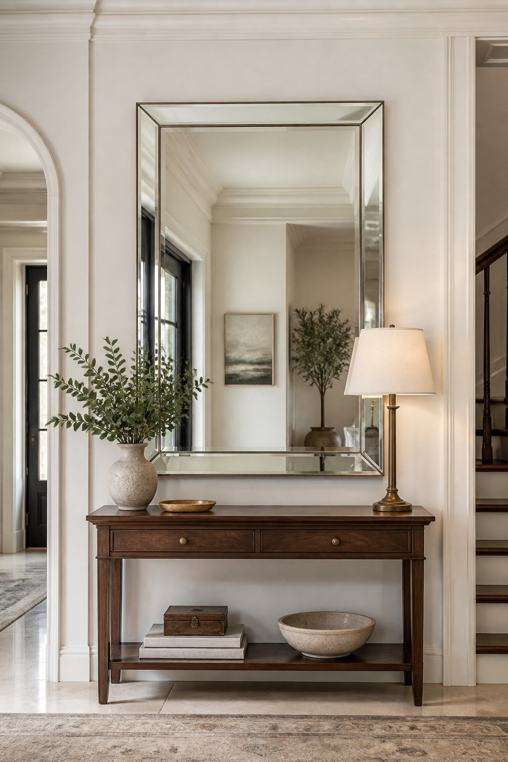 Classic beveled edge mirror in a refined entry hall