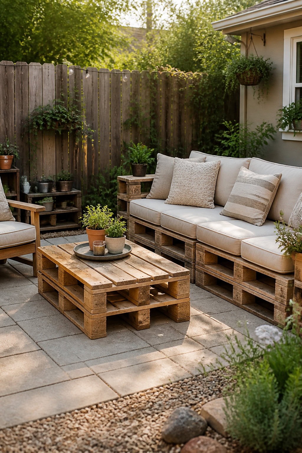 DIY pallet patio furniture in a welcoming backyard