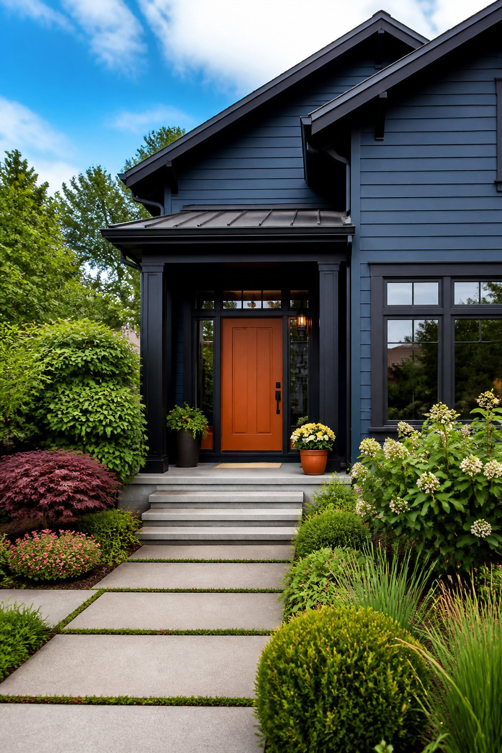Bold slate-blue house exterior with a terracotta front door