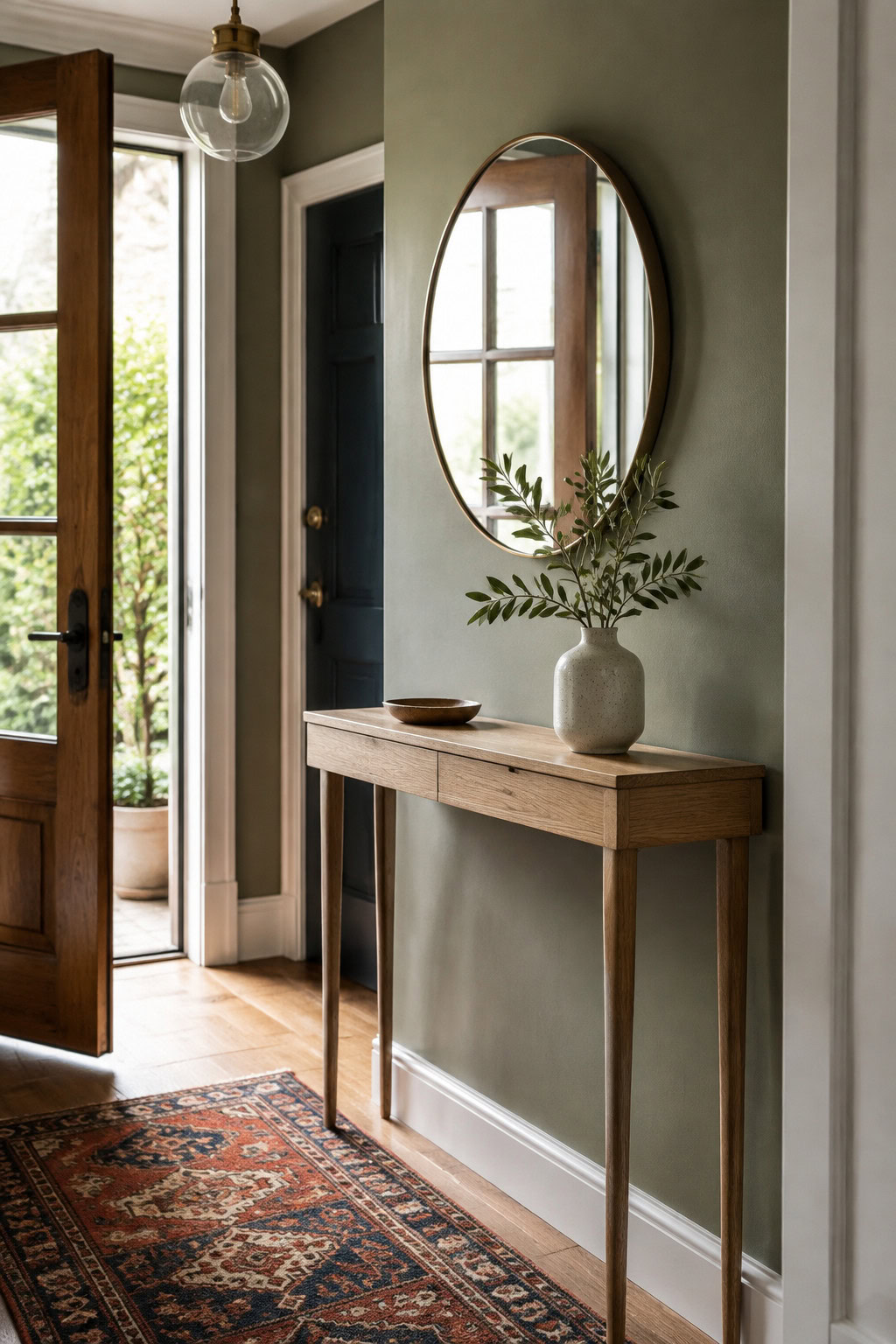 Minimalist wooden console in a small entryway