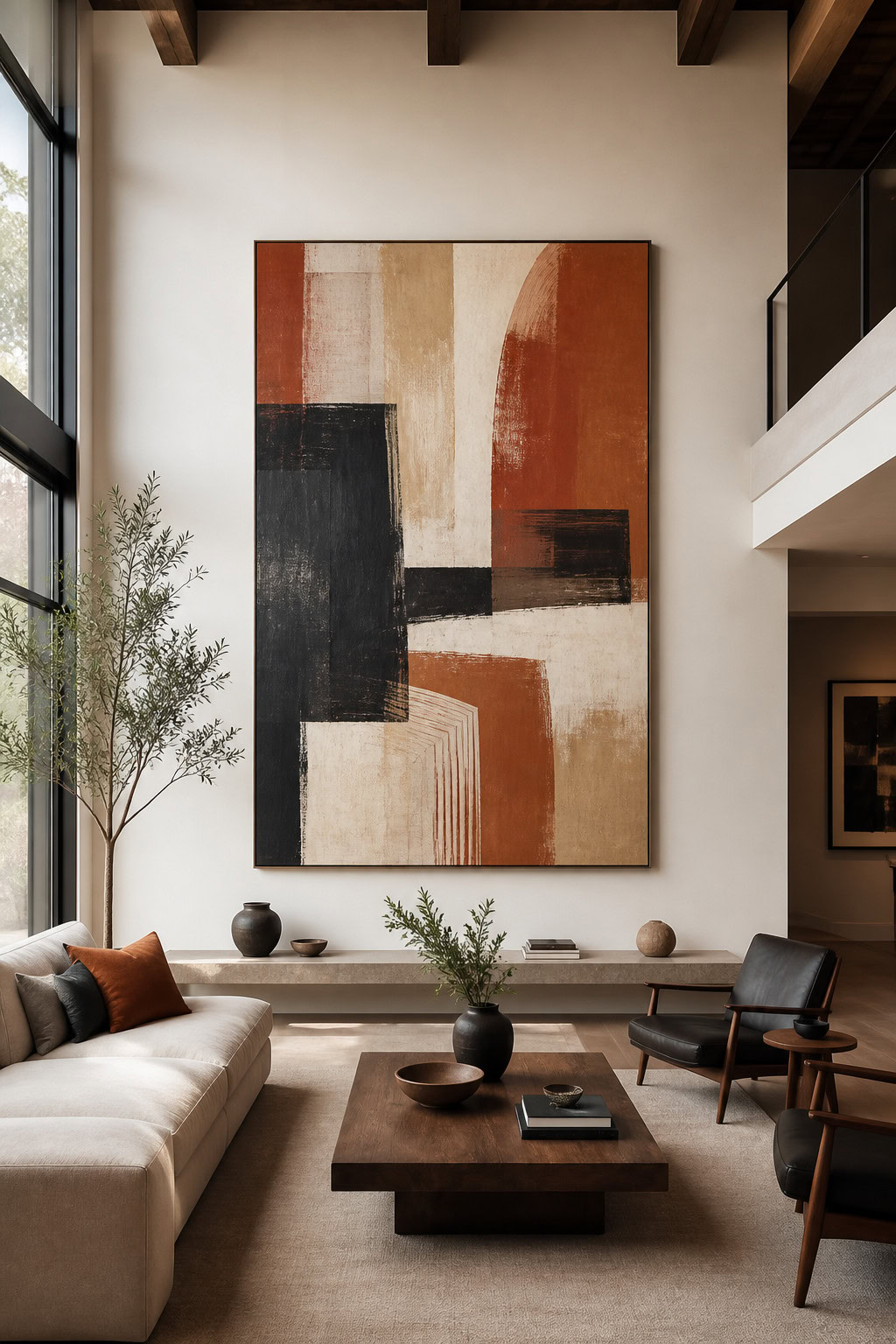 Oversized abstract art in a spacious living room