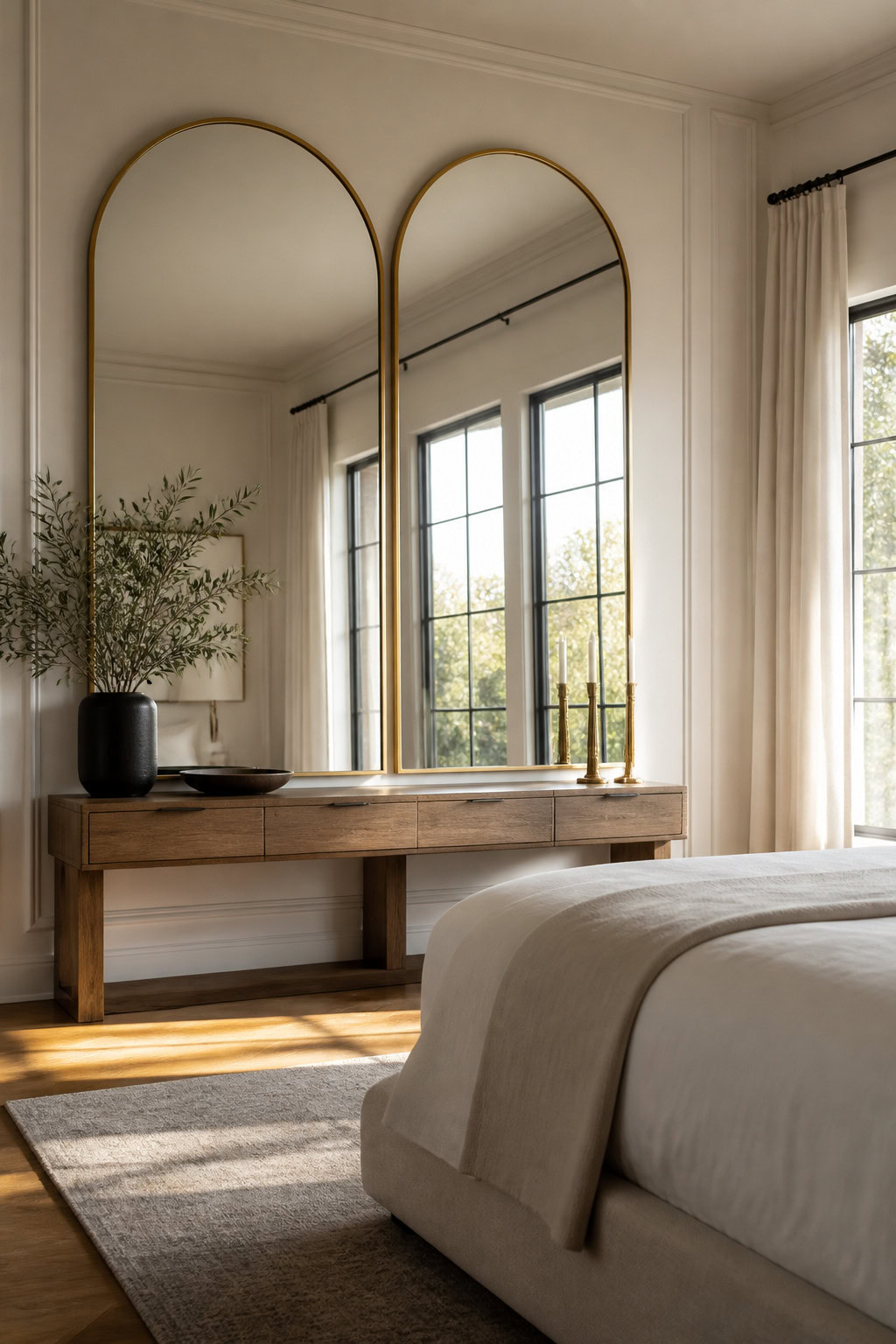 Large statement mirrors in a refined bedroom