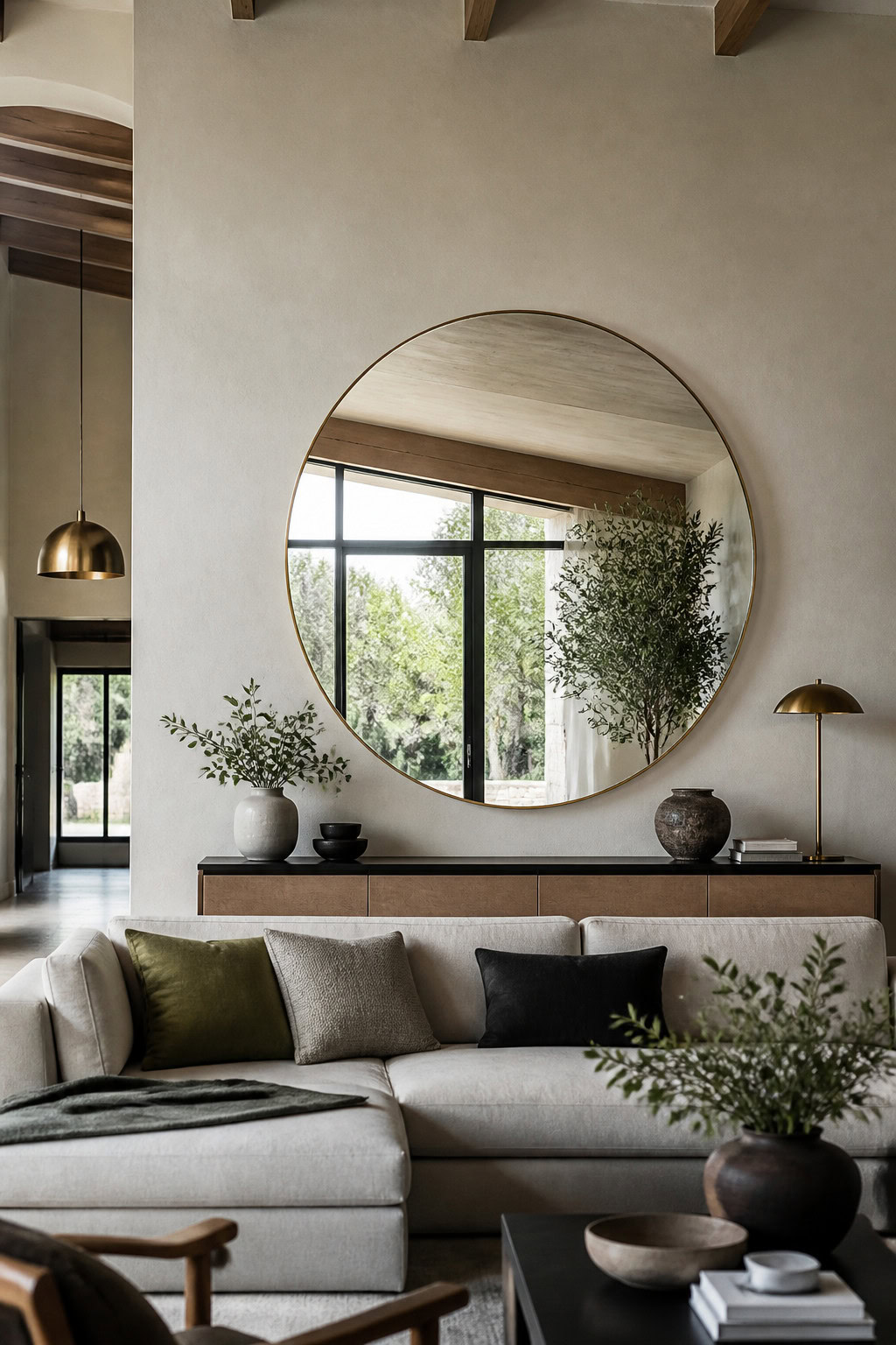 Oversized round statement mirror in a contemporary living room