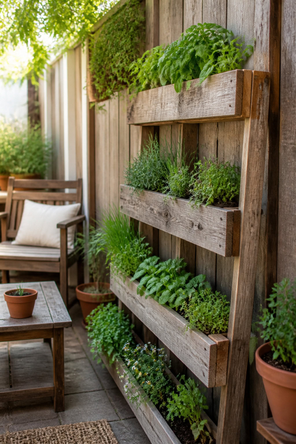 Vertical garden planter system on a sunny backyard fence