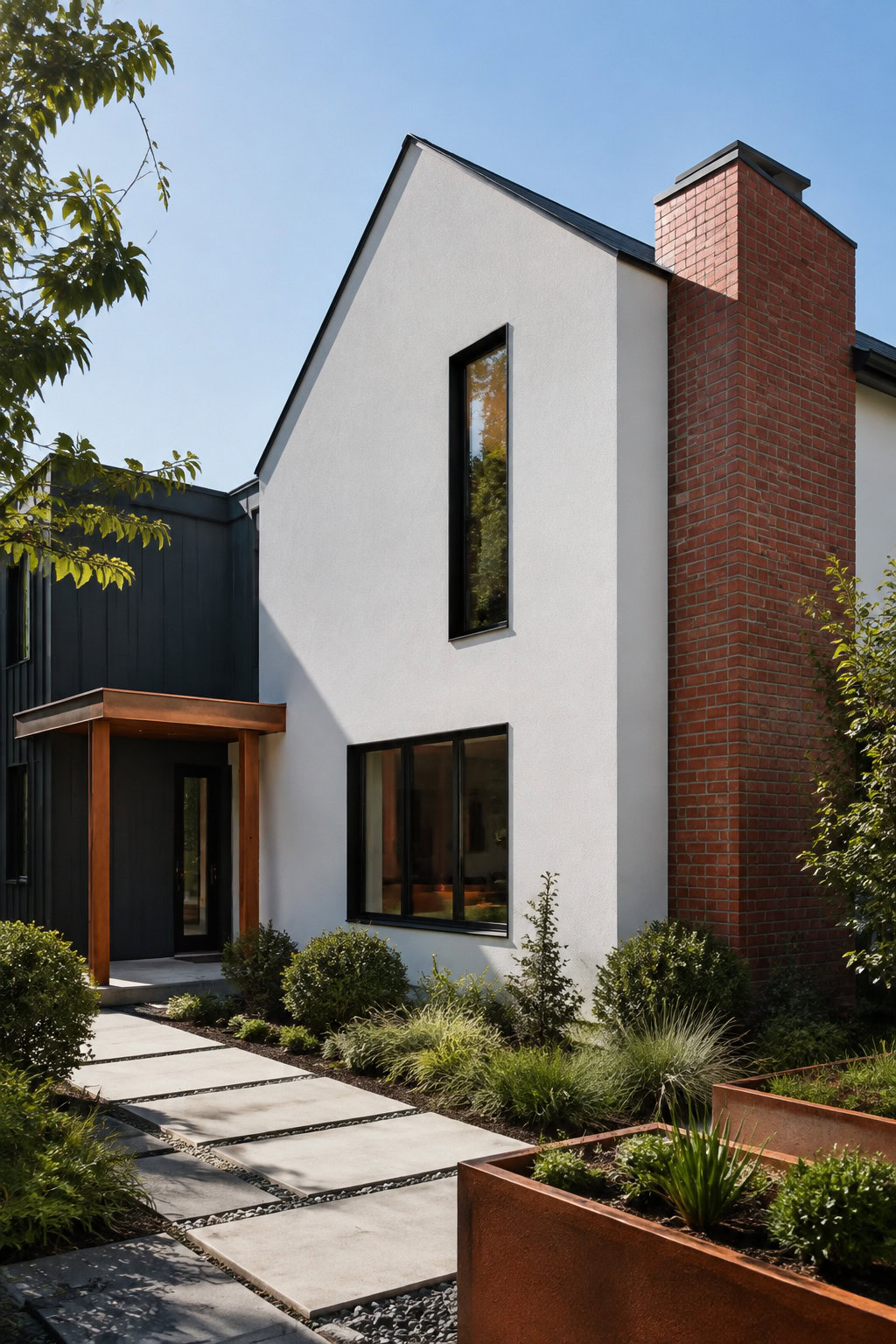 Minimalist charcoal and white modern house exterior