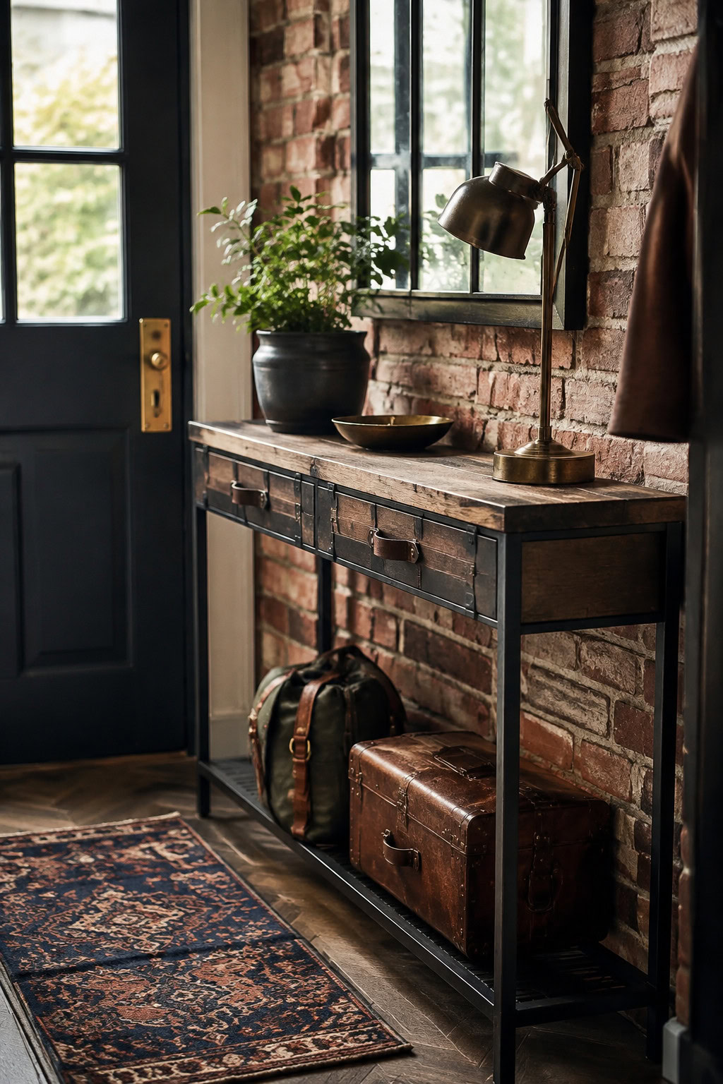 Vintage industrial narrow console with black steel frame