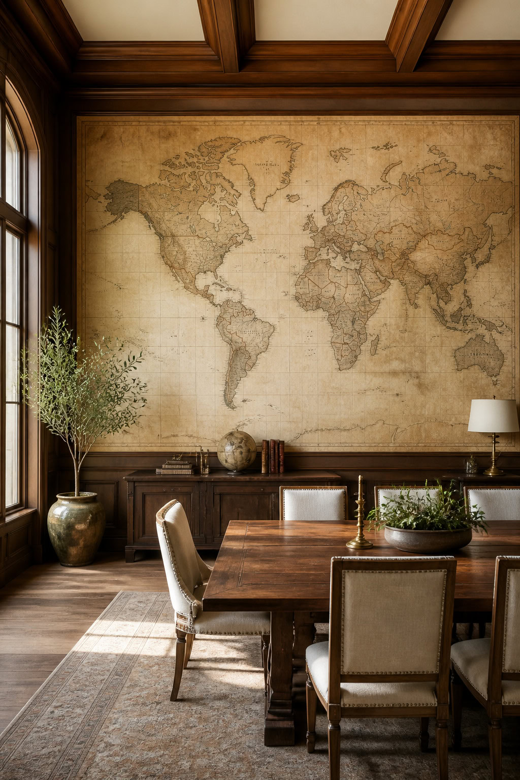 Vintage world map mural in a dining room