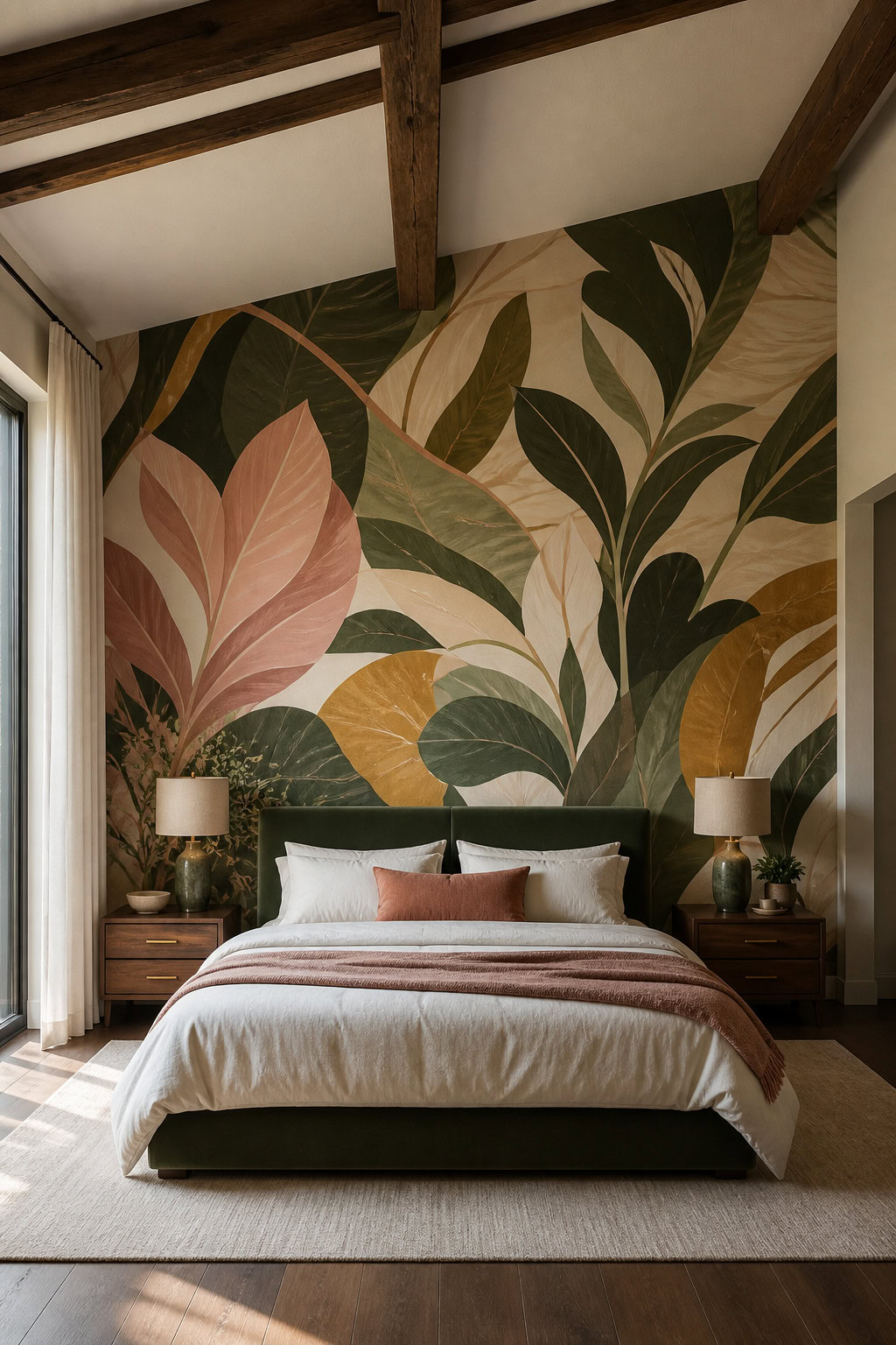 Bold wallpaper accent wall in a modern bedroom